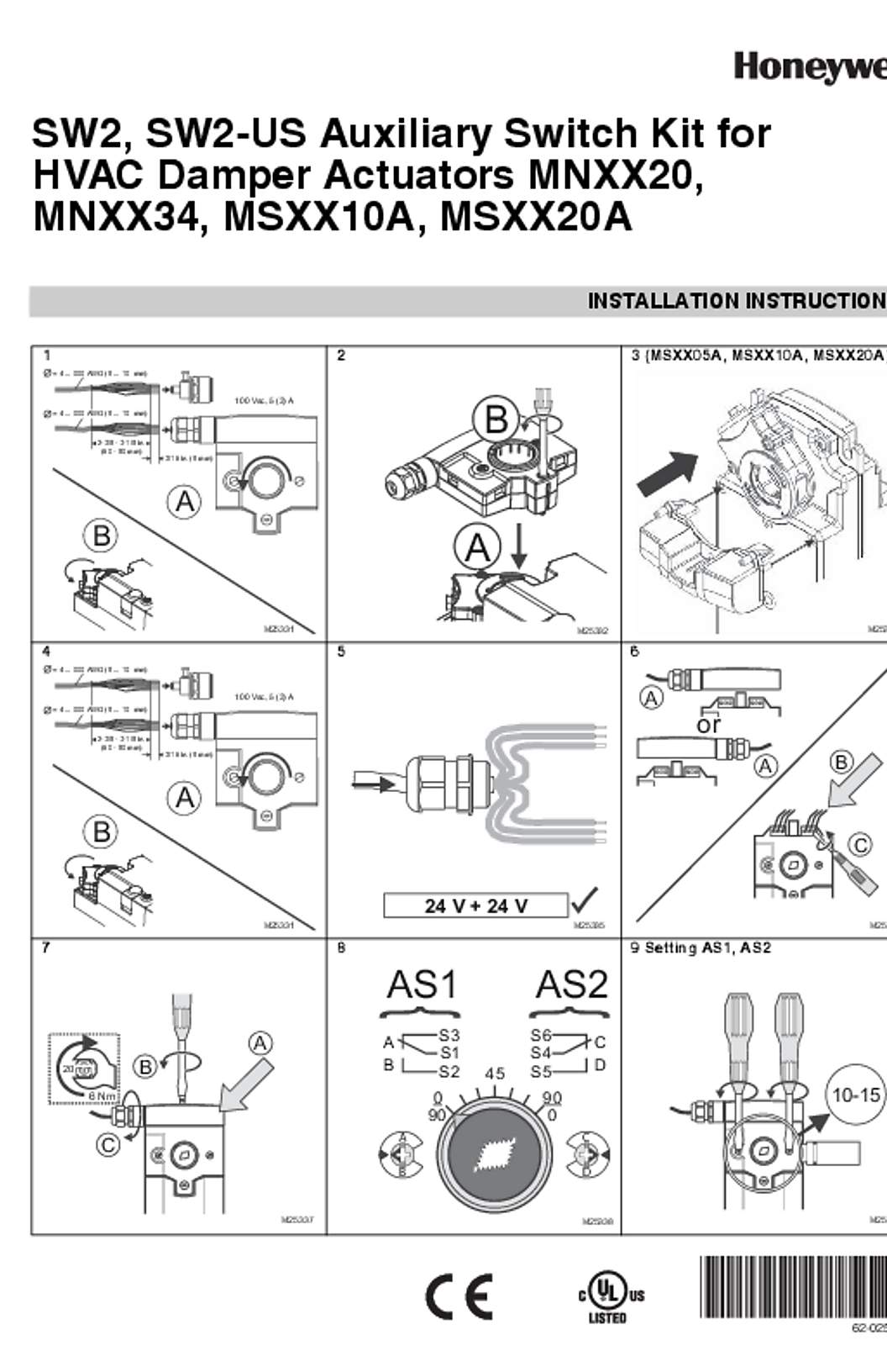 Honeywell 62-0259—03 - SW2, SW2-US Auxiliary Switch Kit for HVAC Damper Actuators MNXX20, MNXX34, MSXX10A, MSXX20A