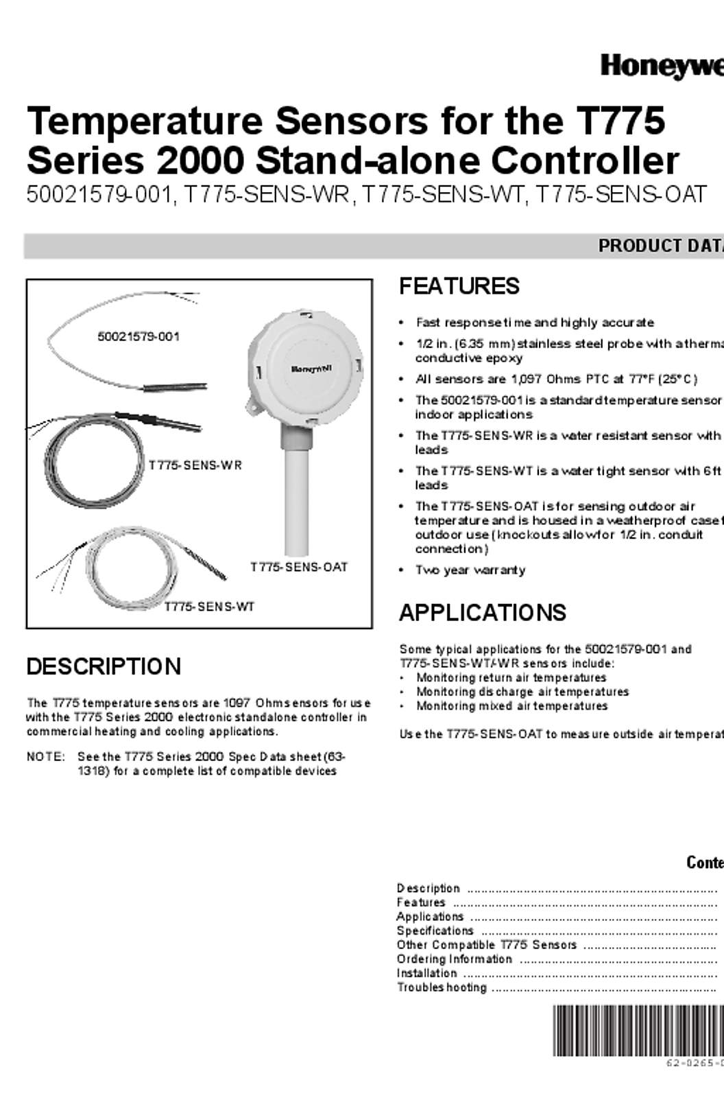 Honeywell 62-0265-02 Temperature Sensors for the T775 Series 2000 Stand-alone Controller