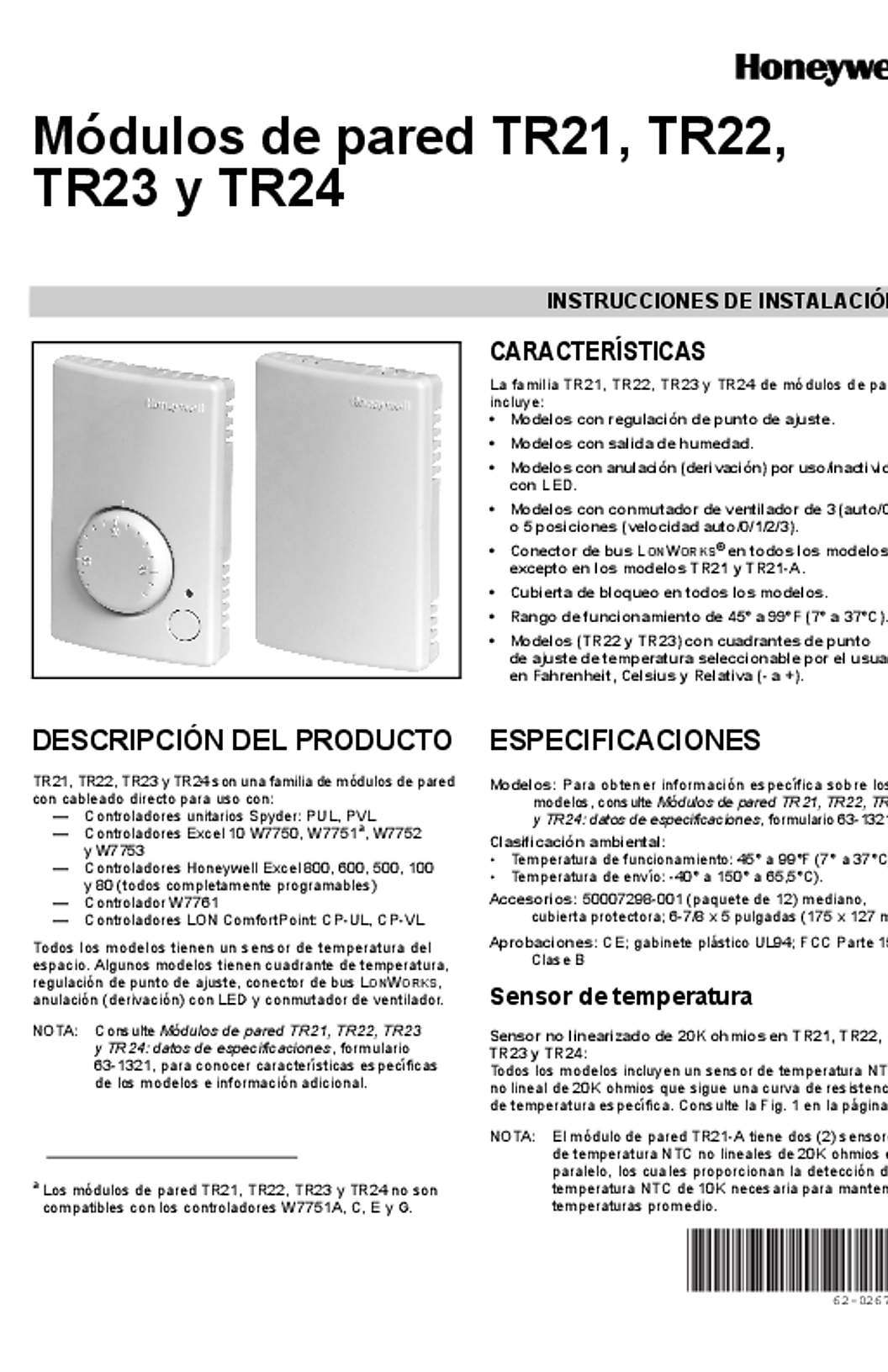 Honeywell 62-0267S_E Módulos de pared TR21, TR22, TR23 y TR24