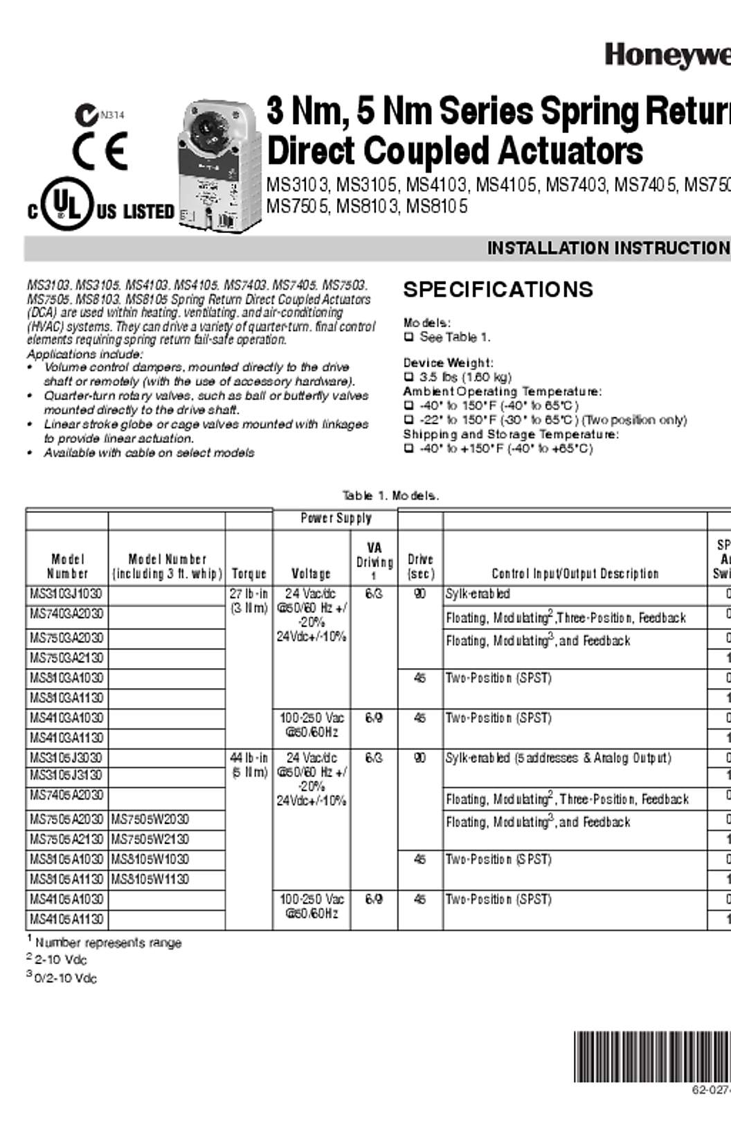 Honeywell 62-0274—09 - 3 Nm, 5 Nm Series Spring Return Direct Coupled Actuators