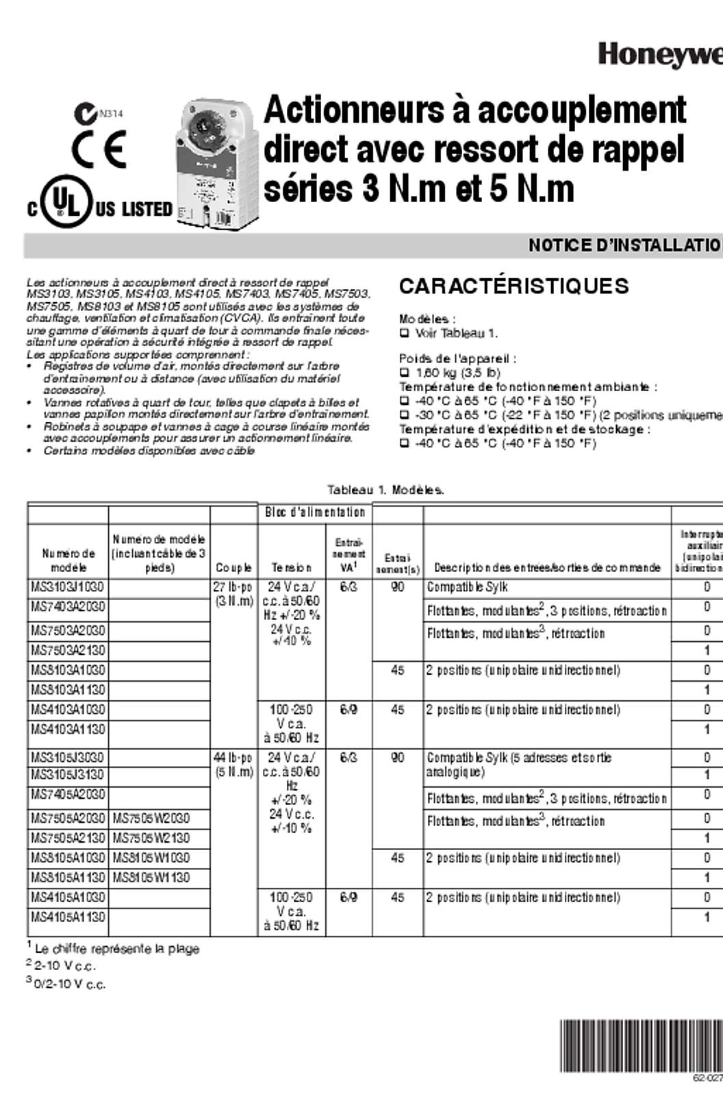 Honeywell 62-0274F—01 - Actionneurs à accouplement direct avec ressort de rappel séries 3 N.m et 5 N.m