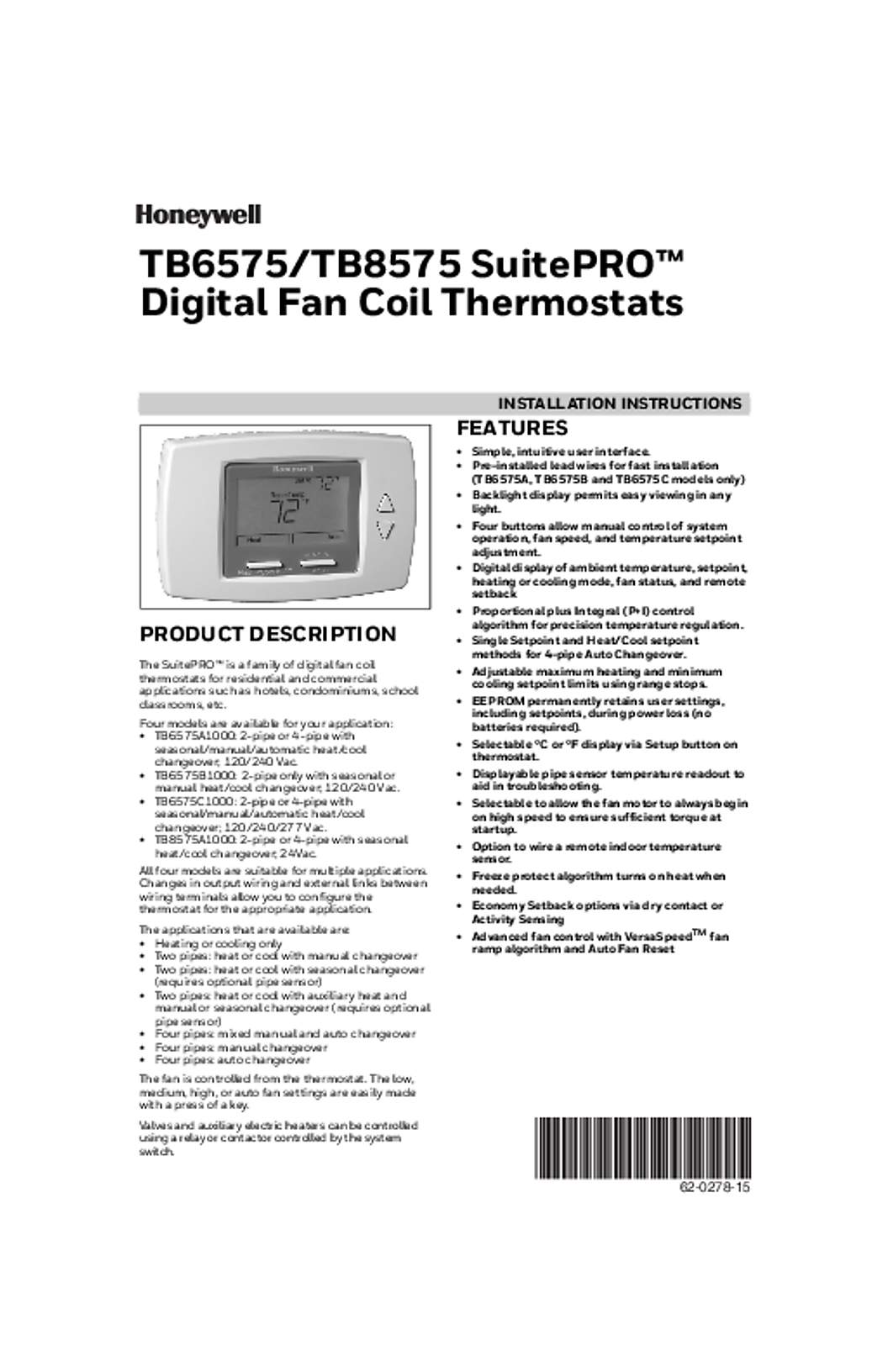 Honeywell 62-0278—15 - TB6575/TB8575 SuitePRO™ Digital Fan Coil Thermostats