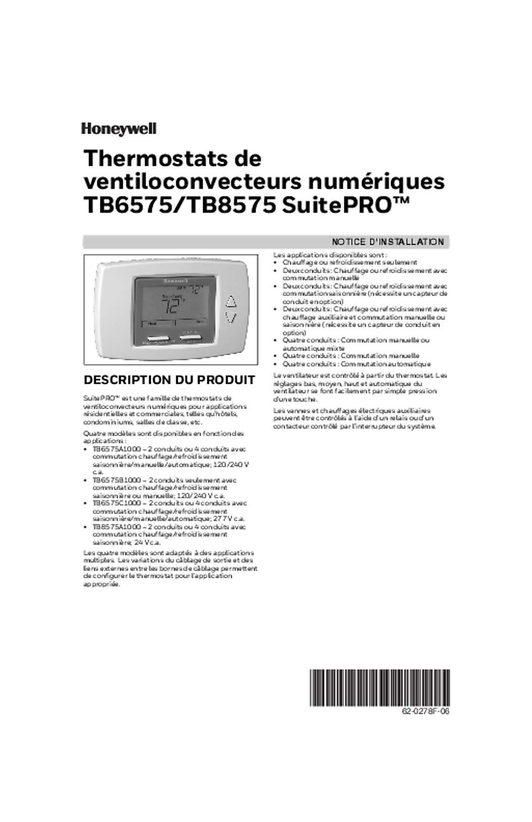 Honeywell 62-0278F—06 - Thermostats de ventiloconvecteurs numériques TB6575/TB8575 SuitePRO™