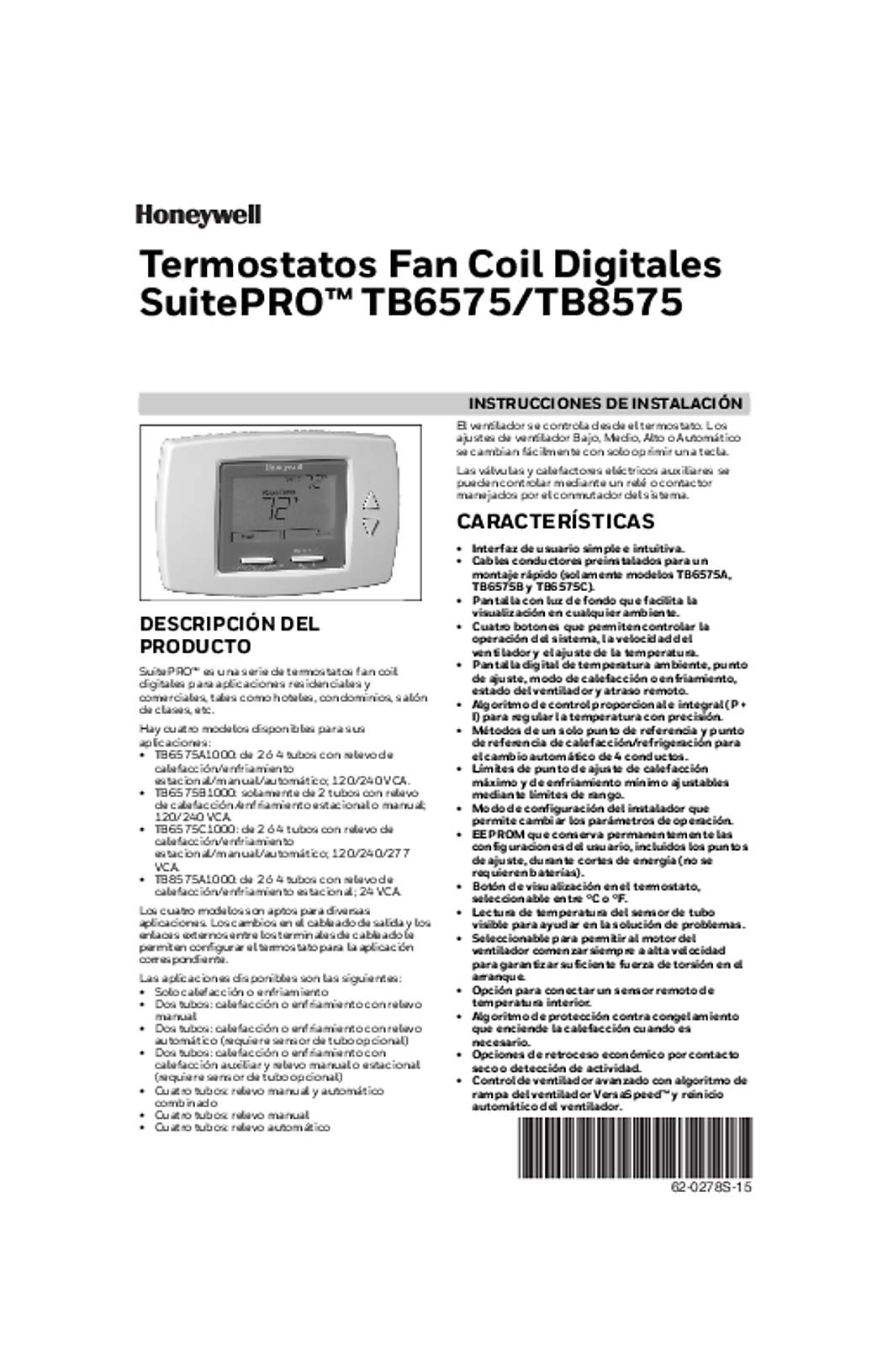 Honeywell 62-0278S—15 - Termostatos Fan Coil Digitales SuitePRO™ TB6575/TB8575