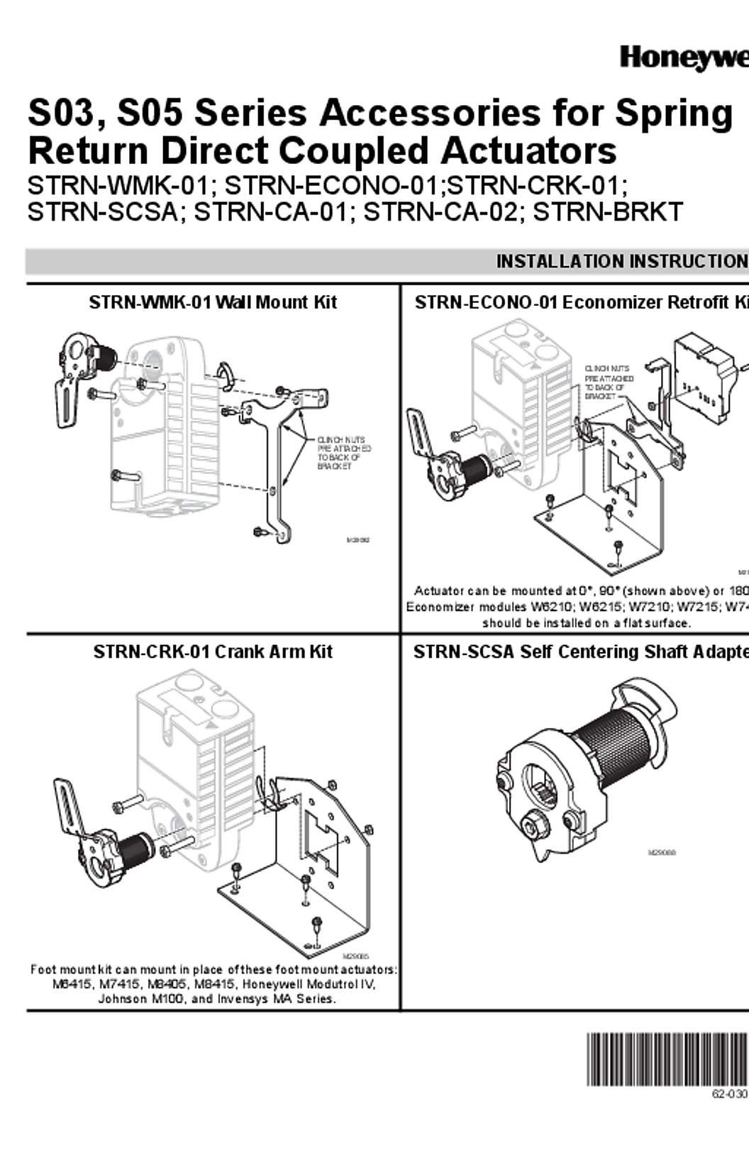 Honeywell 62-0302—03 - S03, S05 Series Accessories for Spring Return Direct Coupled Actuators