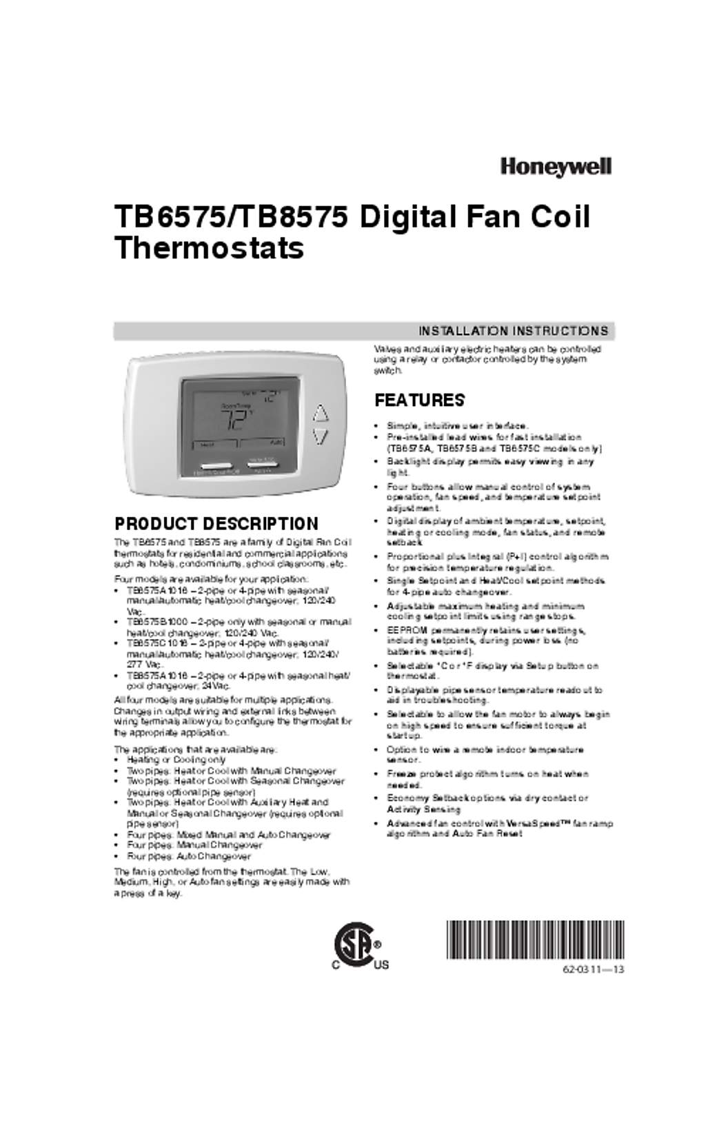 Honeywell 62-0311—11 - TB6575/TB8575 Digital Fan Coil Thermostats