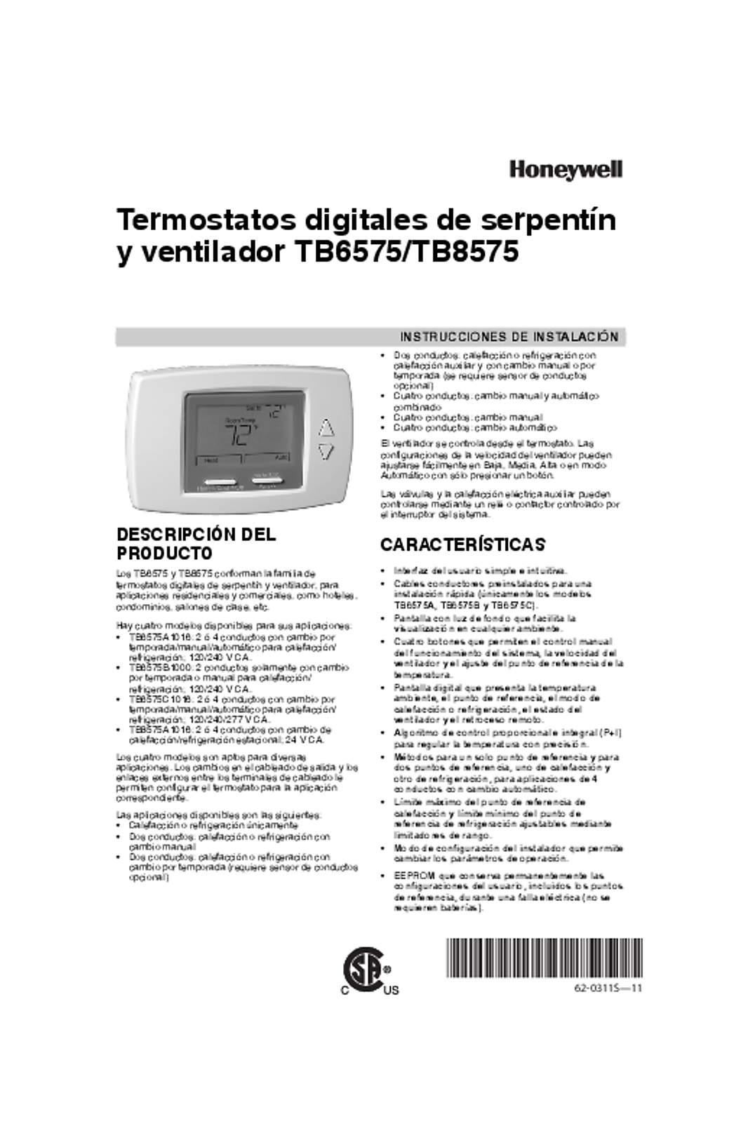 Honeywell 62-0311—10 - Termostatos digitales de serpentín y ventilador TB6575/TB8575
