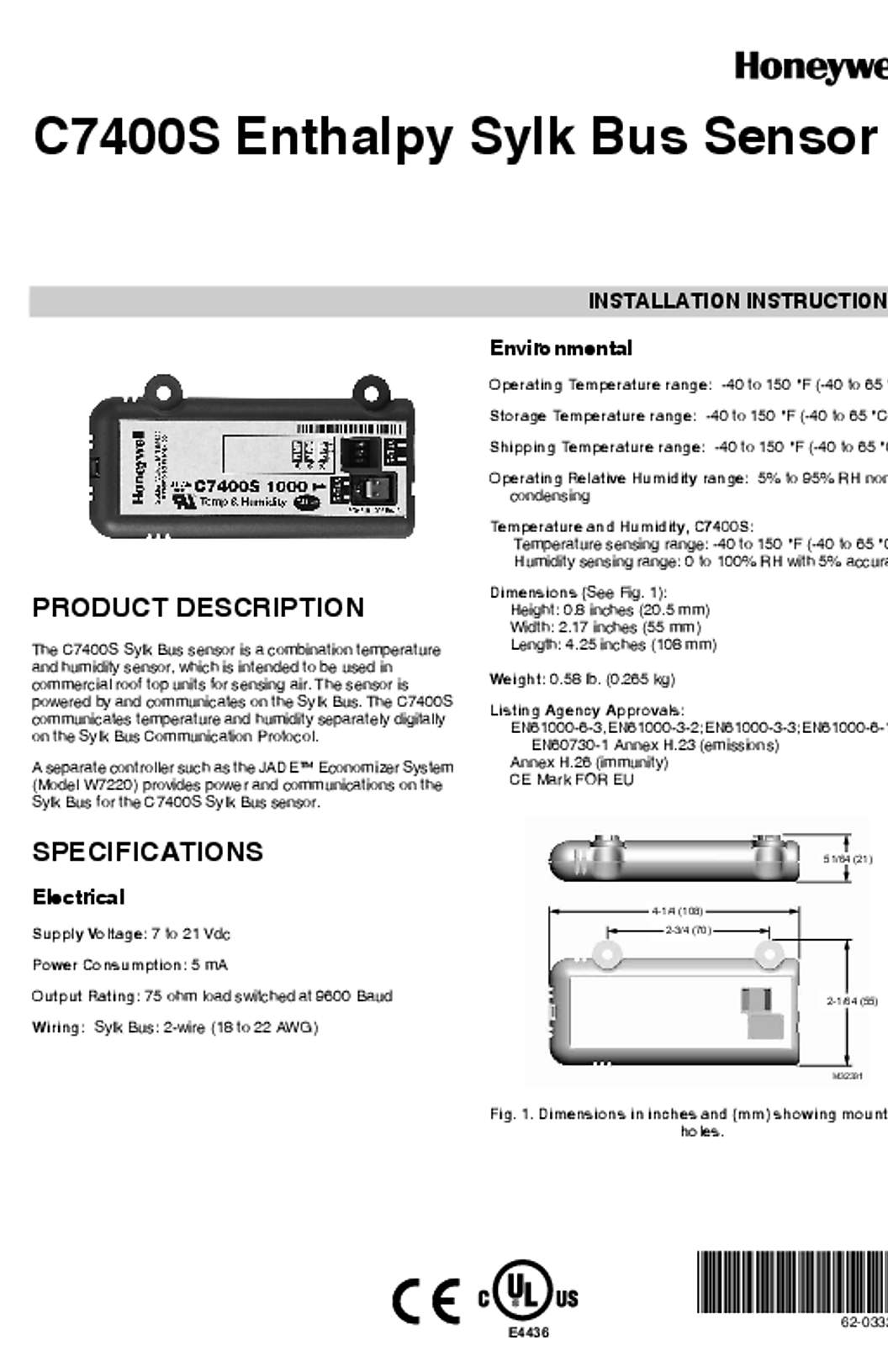 Honeywell C7400S Enthalpy Sylk Bus Sensor Installation Instructions - 62-0332