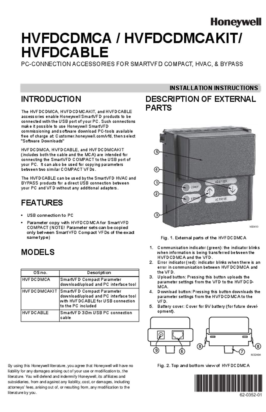 Honeywell 62-0352—01 - HVFDCDMCA / HVFDCDMCAKIT/ HVFDCABLE