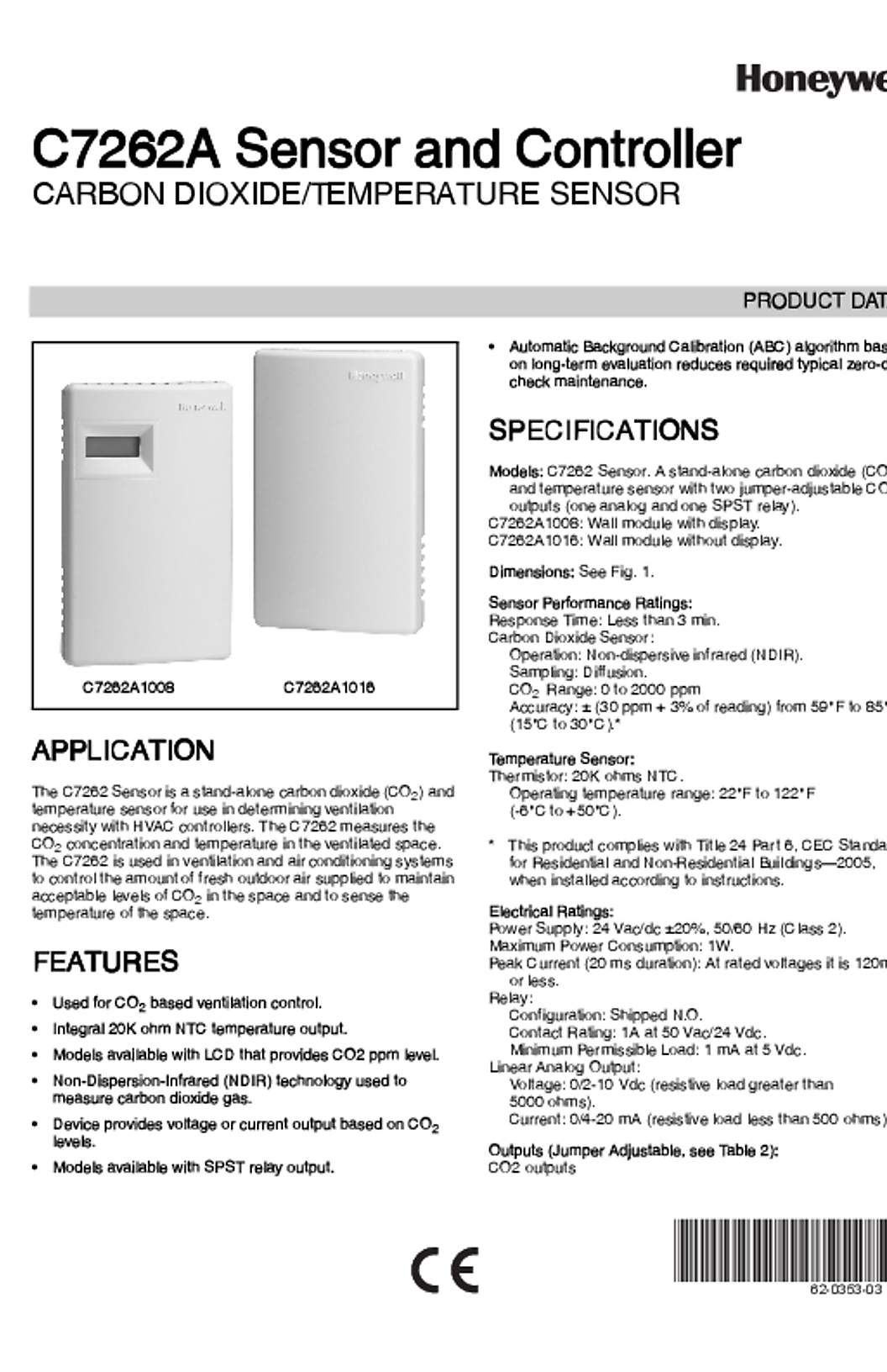 Honeywell 62-0353—01 - C7262A Sensor and Controller