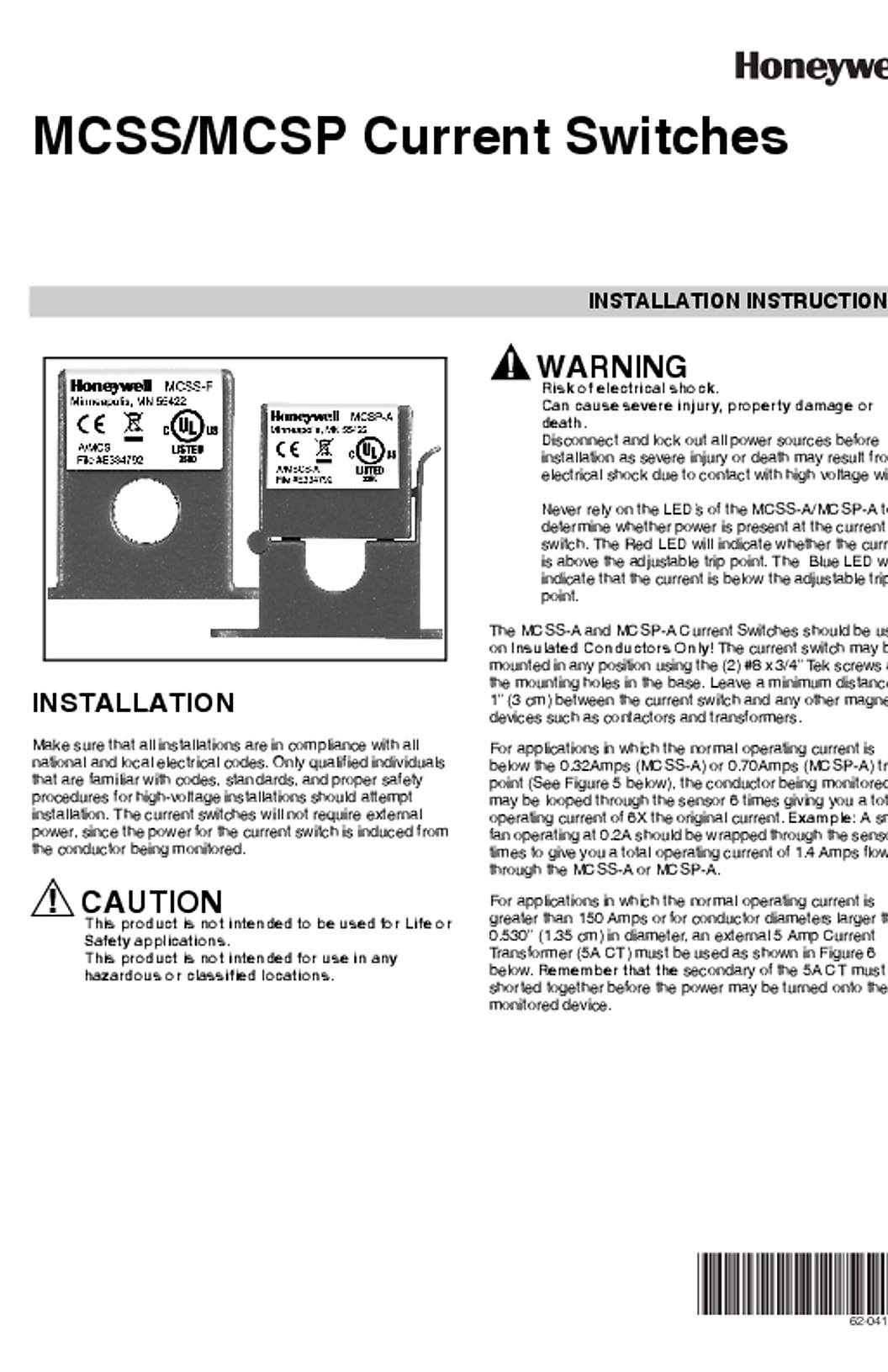 Honeywell 62-0413—02 - MCSS/MCSP Current Switches