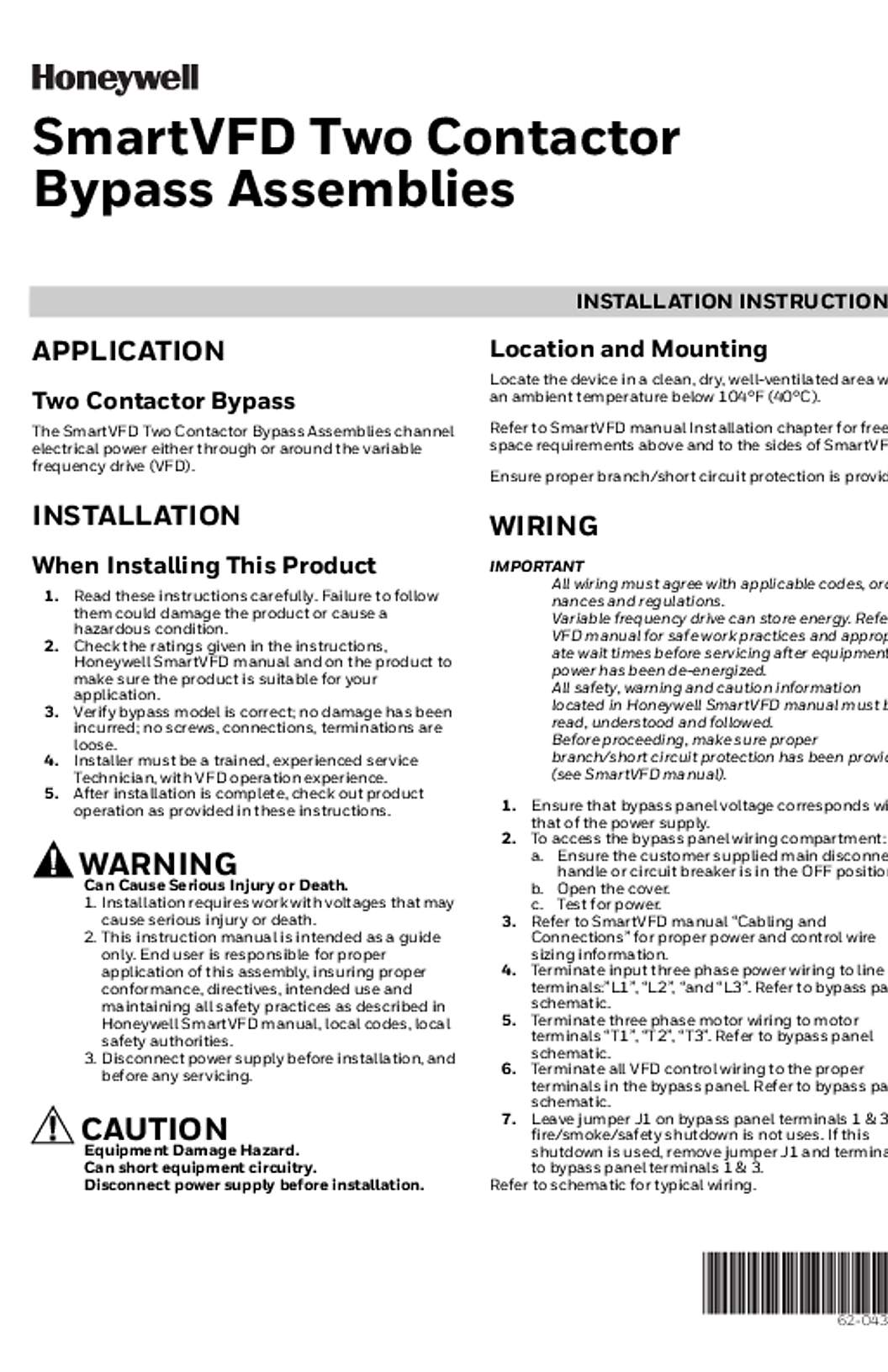 Honeywell 62-0438—03 - SmartVFD Two Contactor Bypass Assemblies