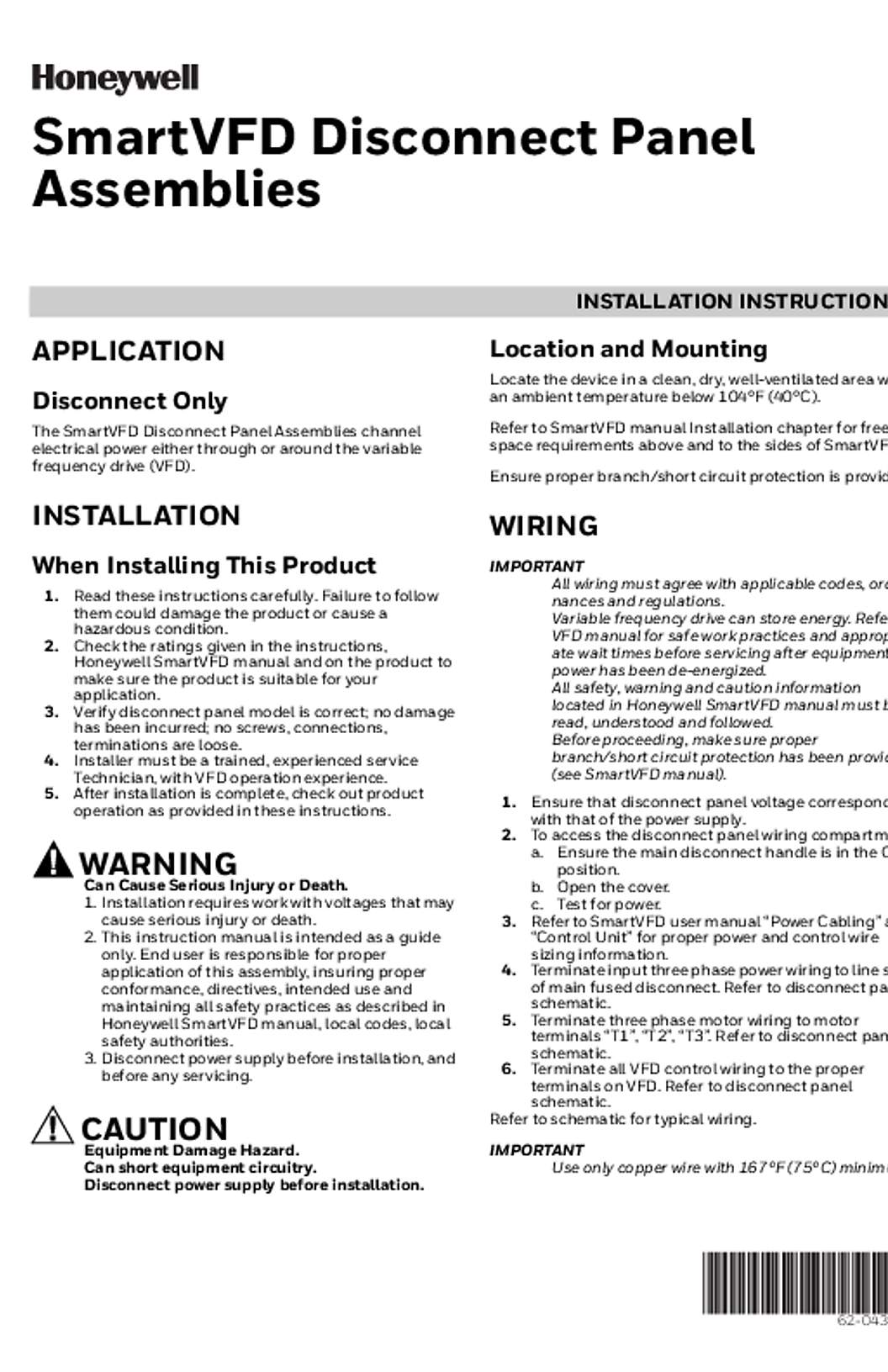 Honeywell 62-0439—03 - SmartVFD Disconnect Panel Assemblies