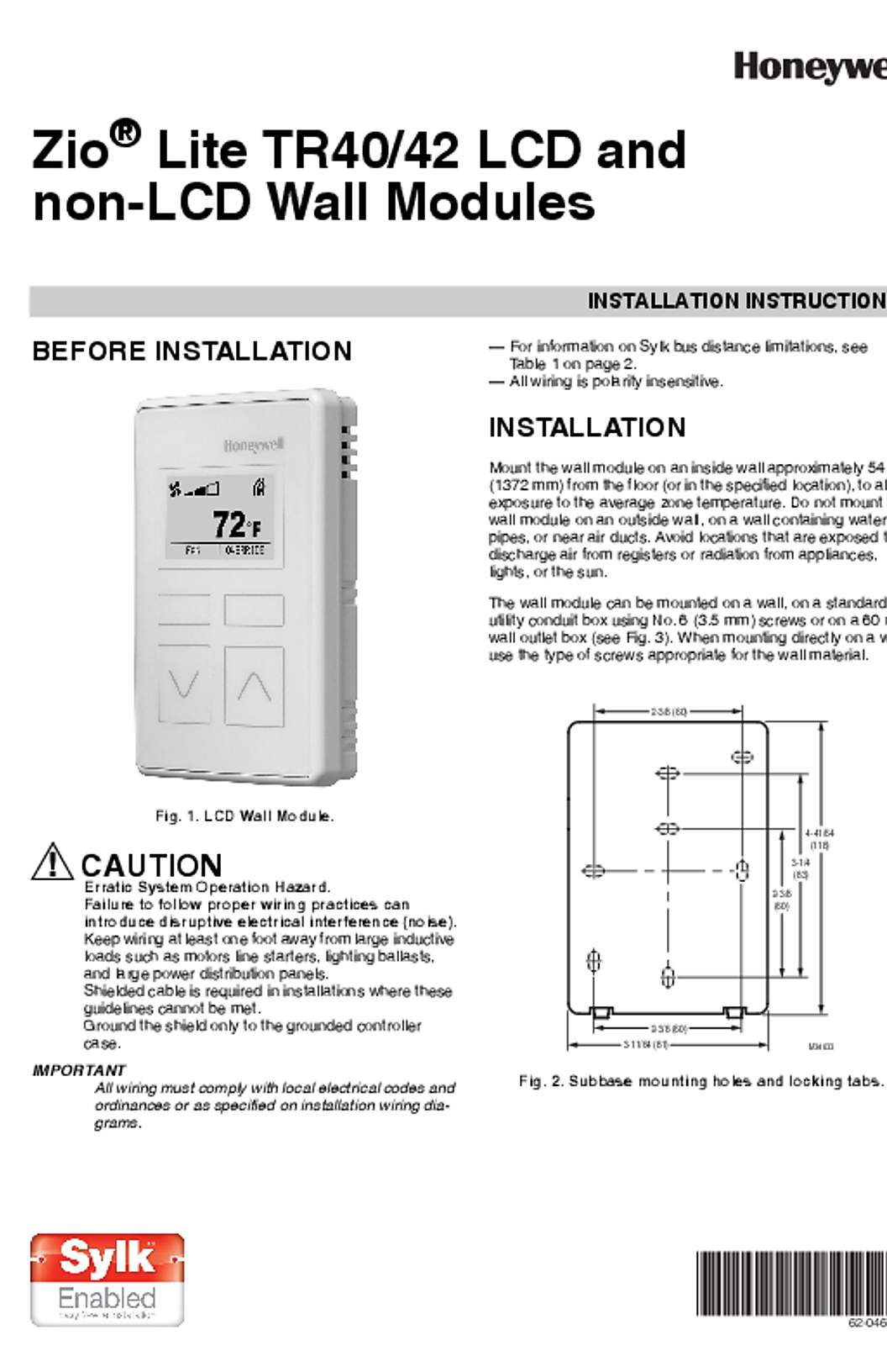 Honeywell 62-0467—05 - Zio® Lite TR40/42 LCD and non-LCD Wall Modules