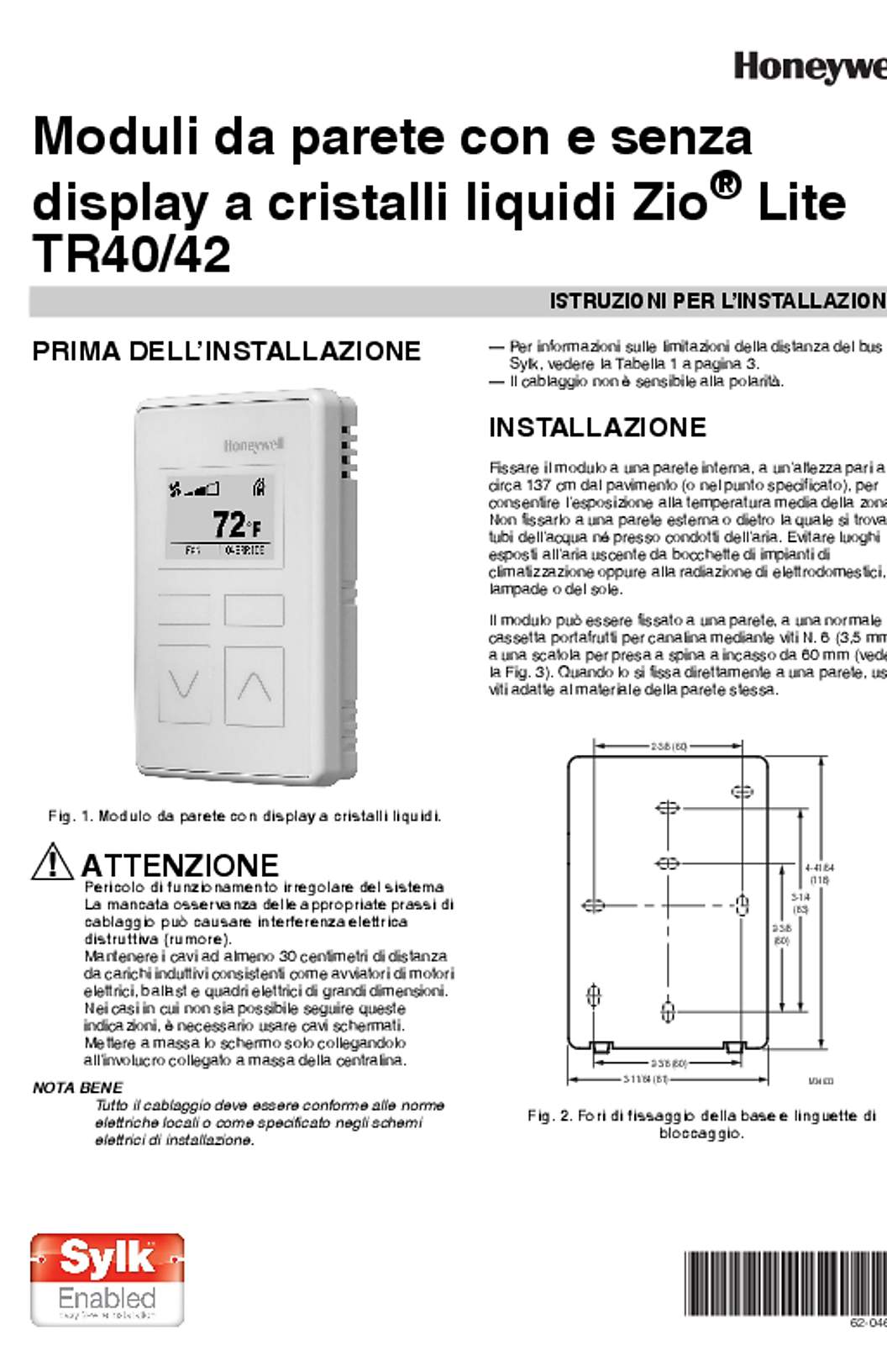Honeywell 62-0467I—01 - Moduli da parete con e senza display a cristalli liquidi Zio® Lite TR40/42