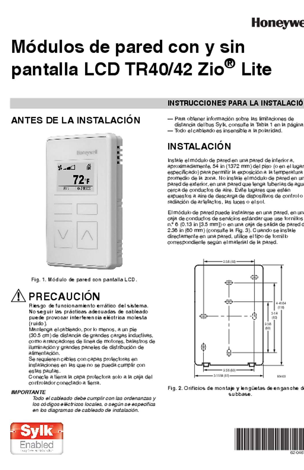 Honeywell 62-0467S—01 - Módulos de pared con y sin pantalla LCD TR40/42 Zio® Lite
