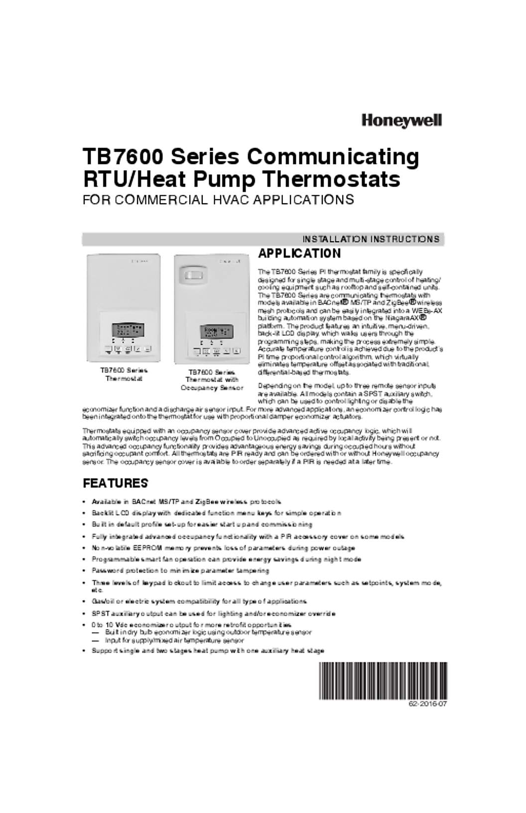 Honeywell 62-2016—07 - TB7600 Series Communicating RTU/Heat Pump Thermostats