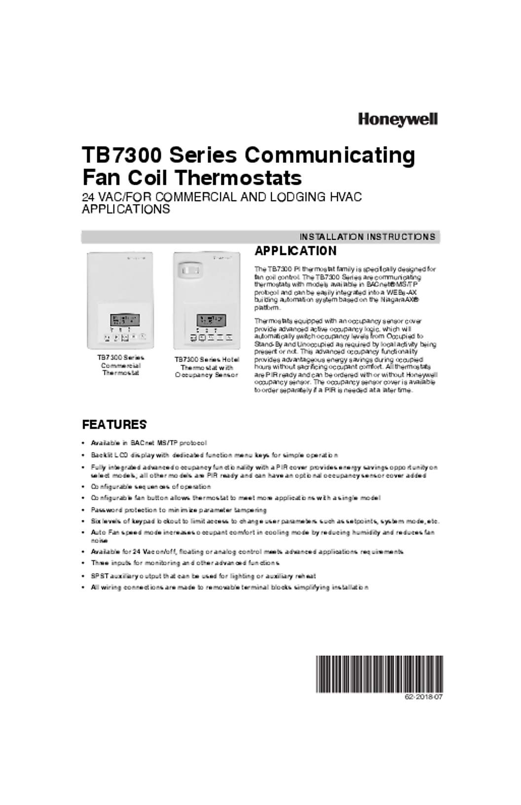 Honeywell 62-2018—07 - TB7300 Series Communicating Fan Coil Thermostats