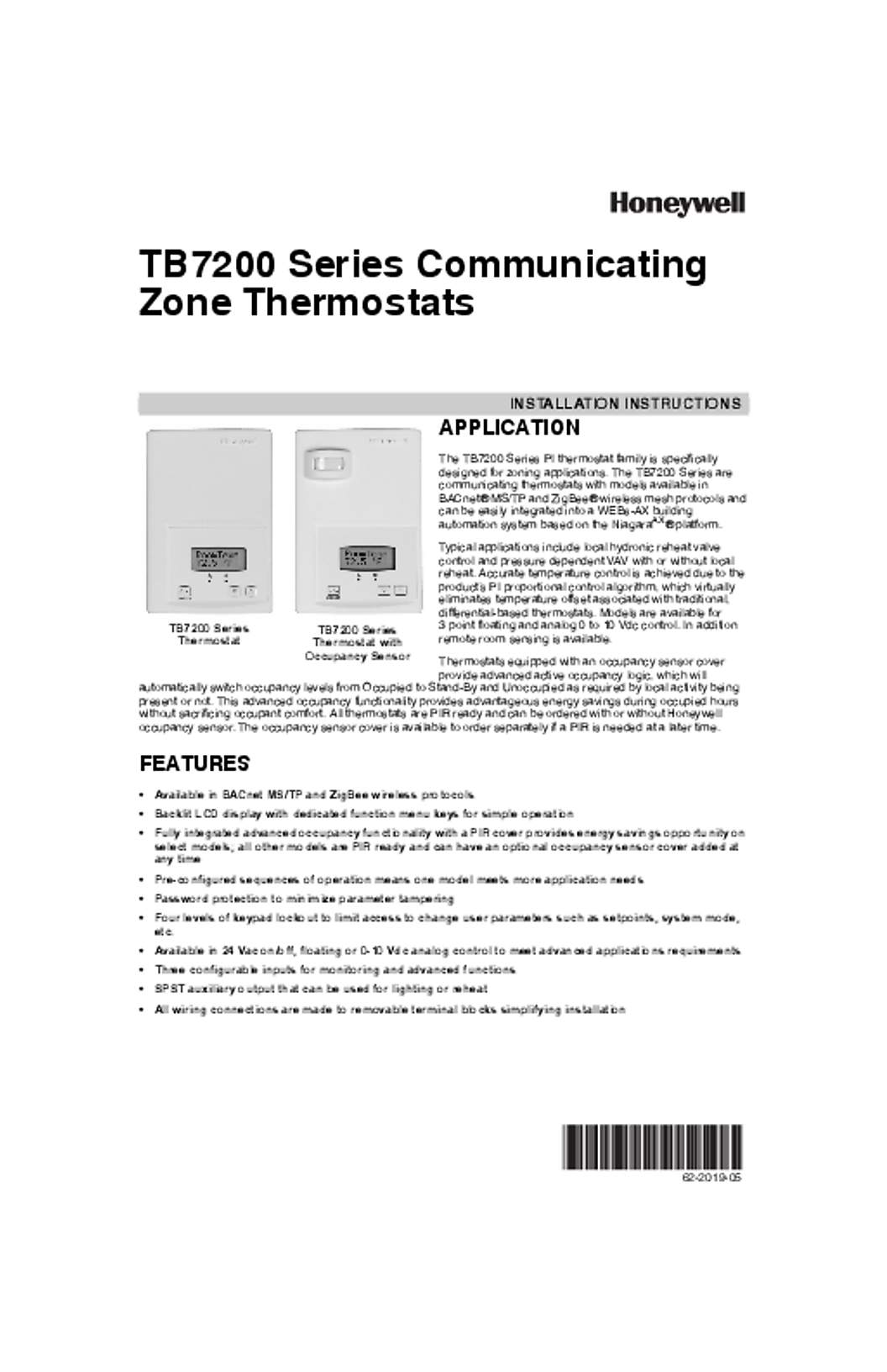 Honeywell 62-2019—05 - TB7200 Series Communicating Zone Thermostats
