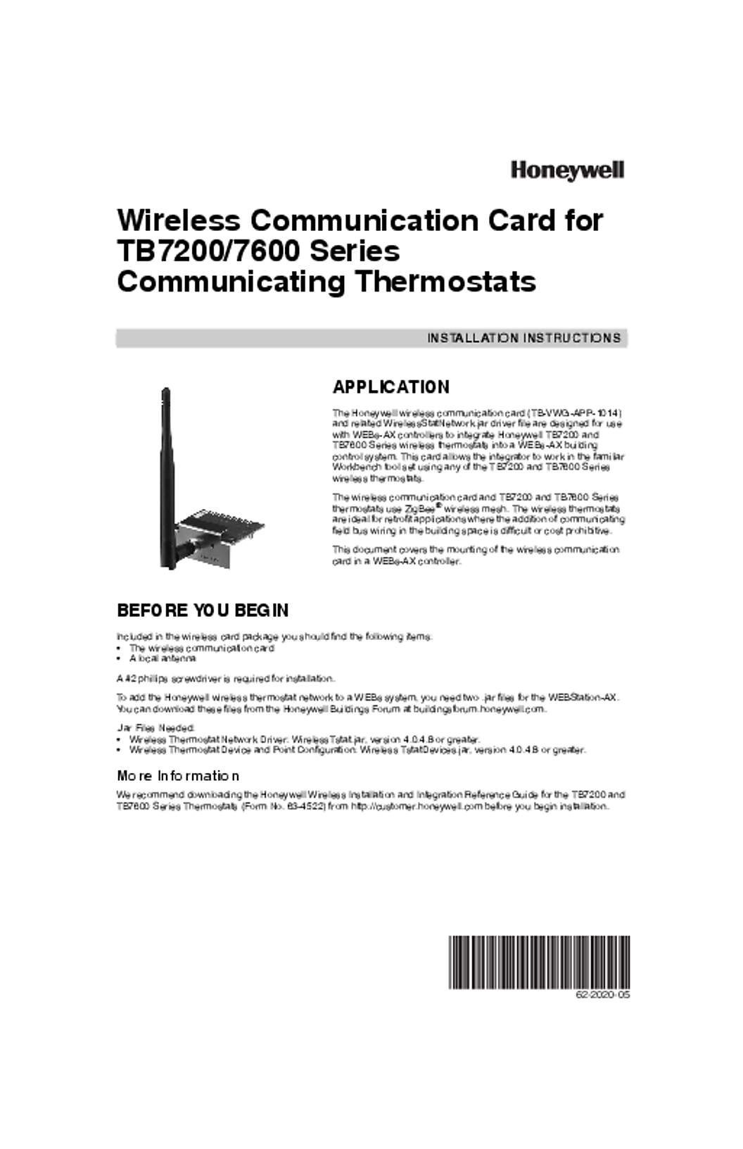 Honeywell 62-2020—05 - Wireless Communication Card for TB7200/7600 Series Communicating Thermostats
