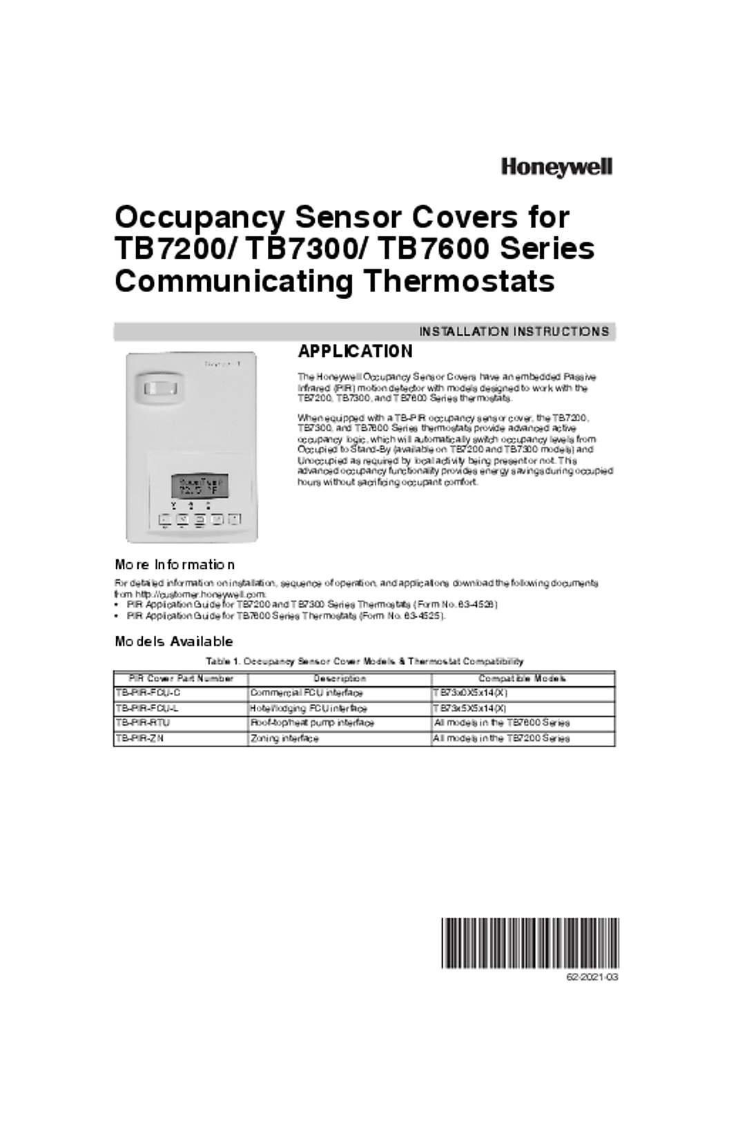 Honeywell 62-2021—03 - Occupancy Sensor Covers for TB7200/ TB7300/ TB7600 Series Communicating Thermostats