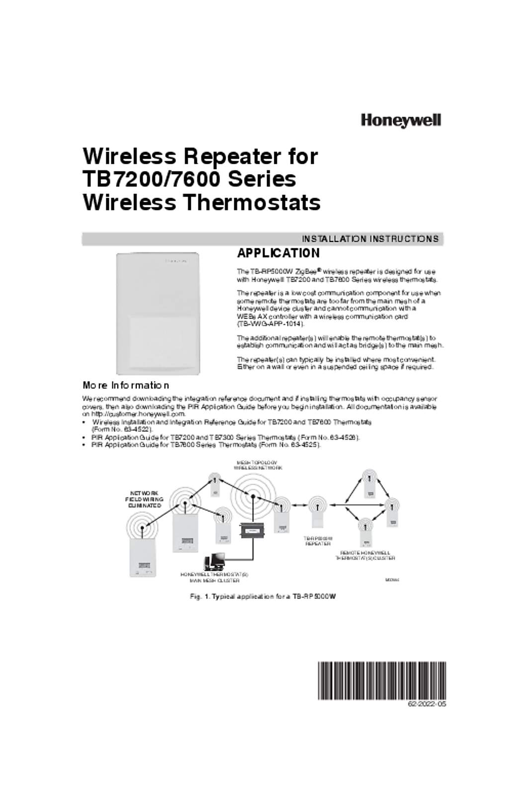 Honeywell 62-2022—05 - Wireless Repeater for TB7200/7600 Series Wireless Thermostats
