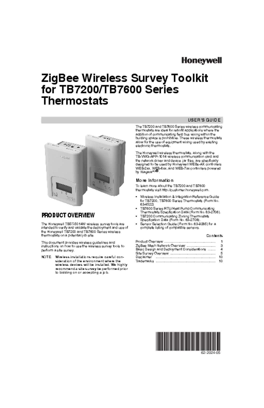 Honeywell 62-2024—05 - ZigBee Wireless Survey Toolkit for TB7200/TB7600 Series Thermostats
