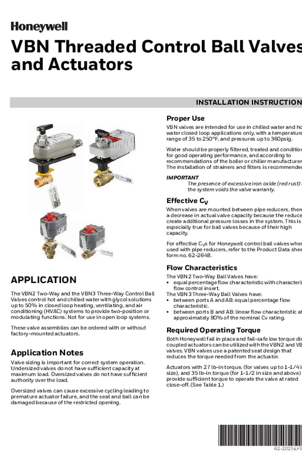 Honeywell 62-2025EFS—06 - VBN Threaded Control Ball Valves and Actuators