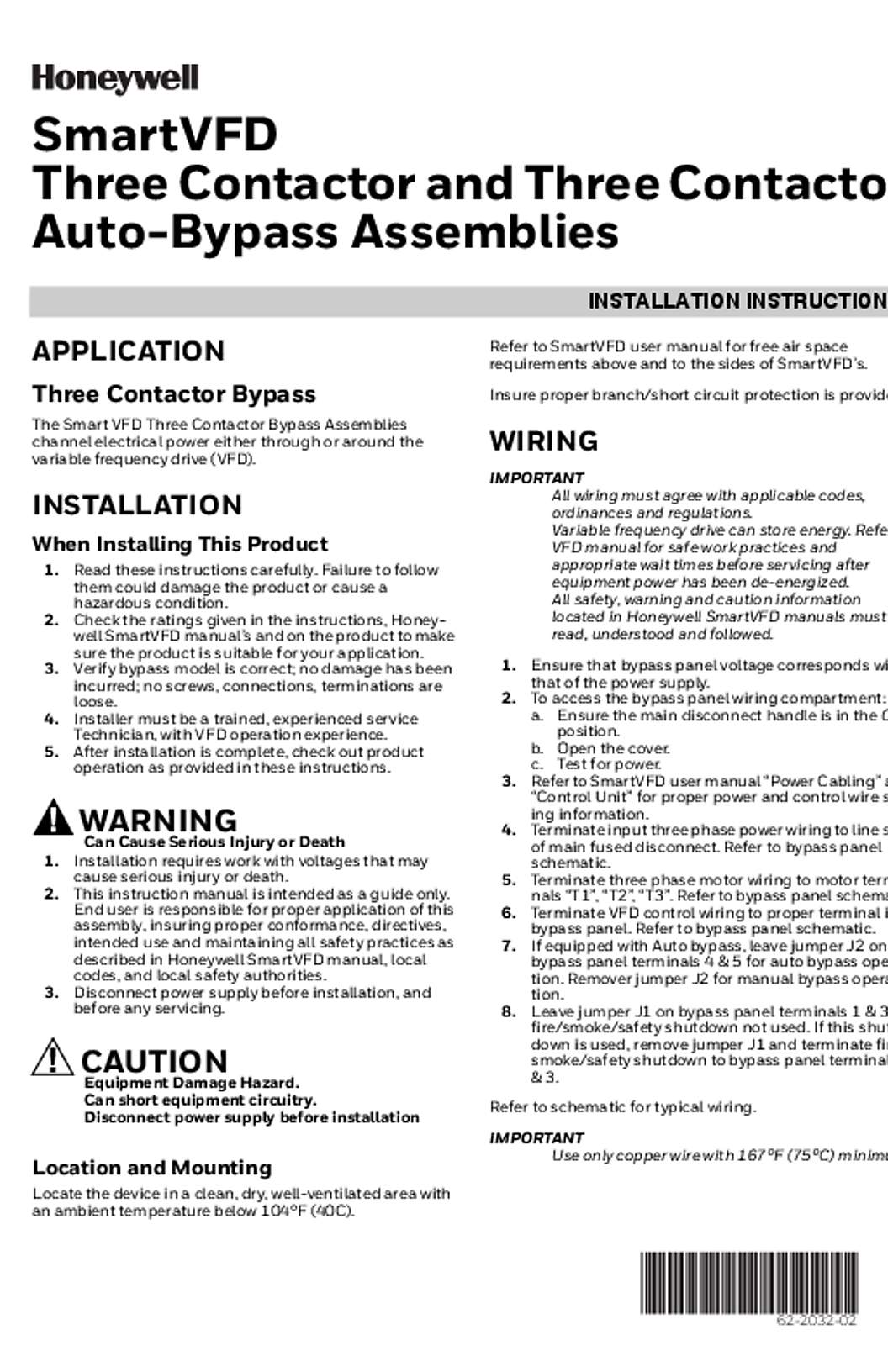 Honeywell 62-2032—02 - SmartVFD Three Contactor and Three Contactor Auto-Bypass Assemblies