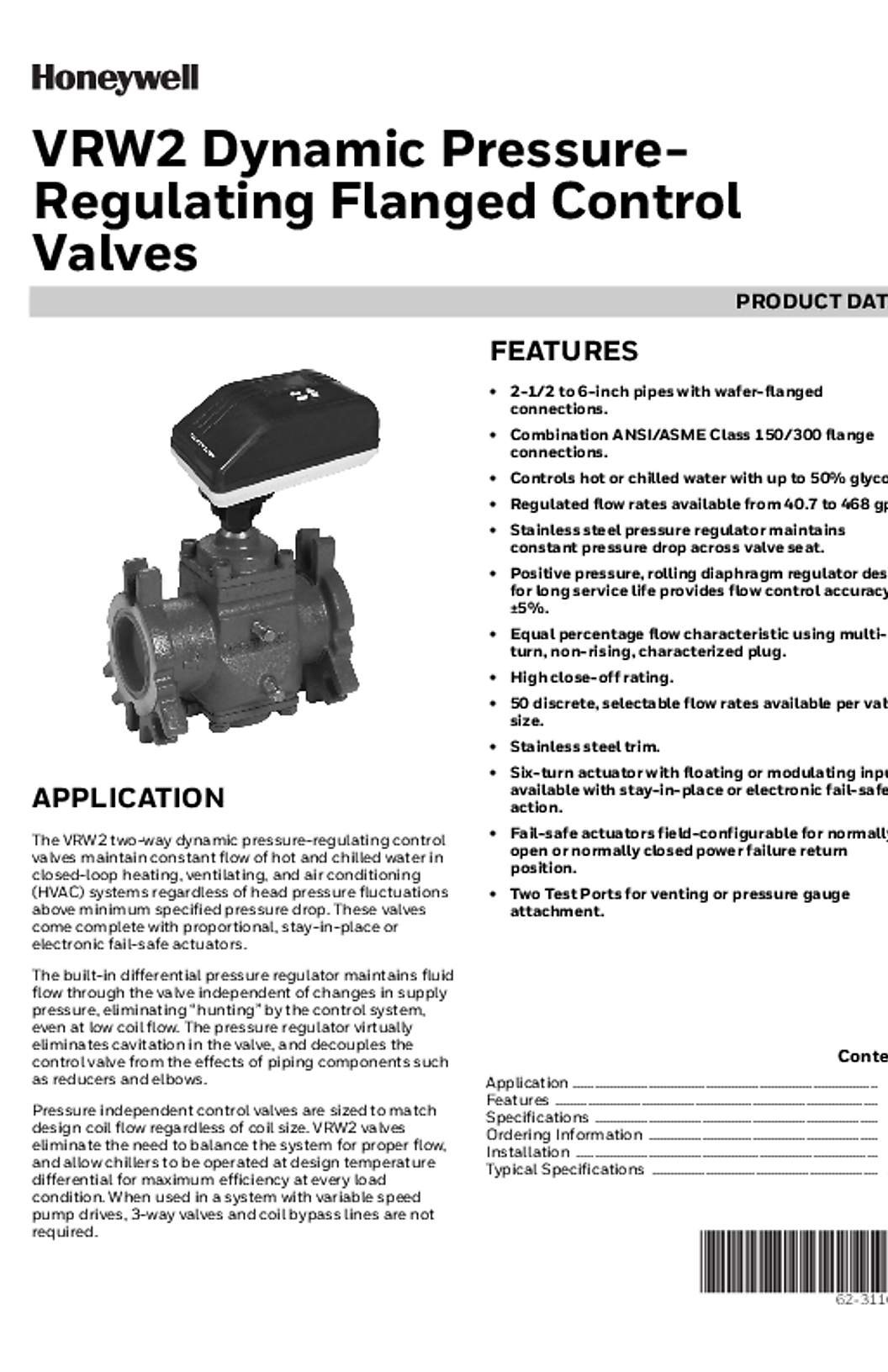 Honeywell 62-3116—04 - VRW2 Dynamic Pressure- Regulating Flanged Control