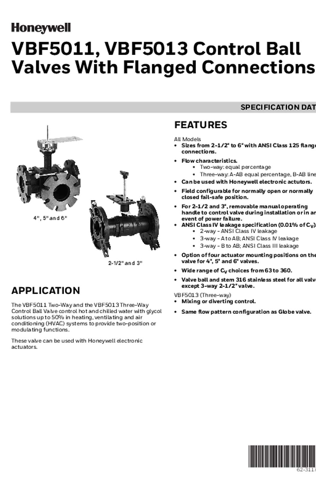 Honeywell 62-3117—02 - VBF5011, VBF5013 Control Ball Valves With Flanged Connections