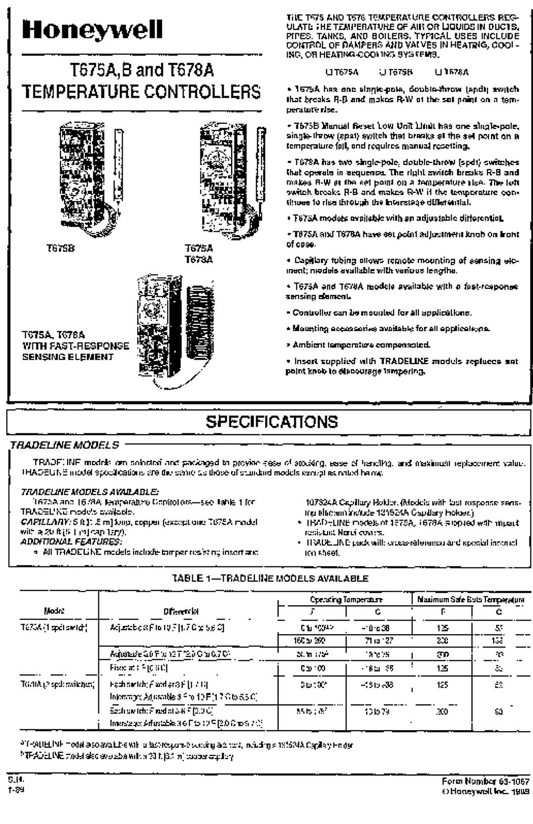Honeywell T765A,B and T678A Temperature Controllers