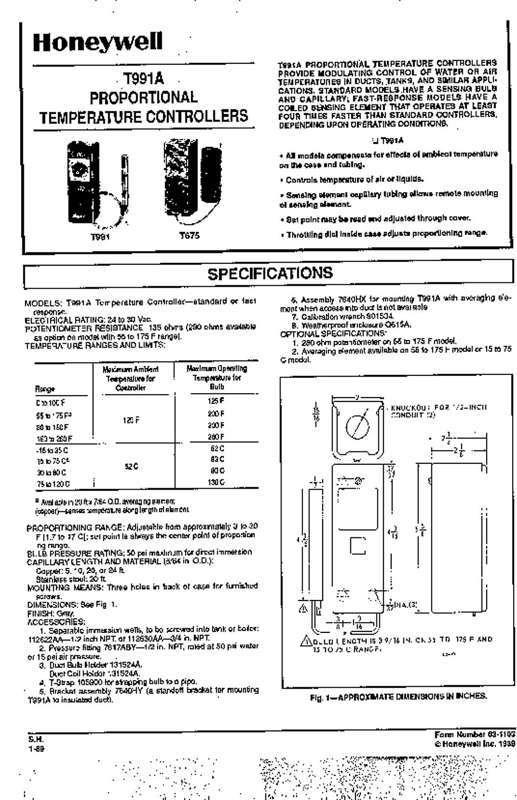 Honeywell Specification Data for T991A Proportional Temperature Controllers (English)
