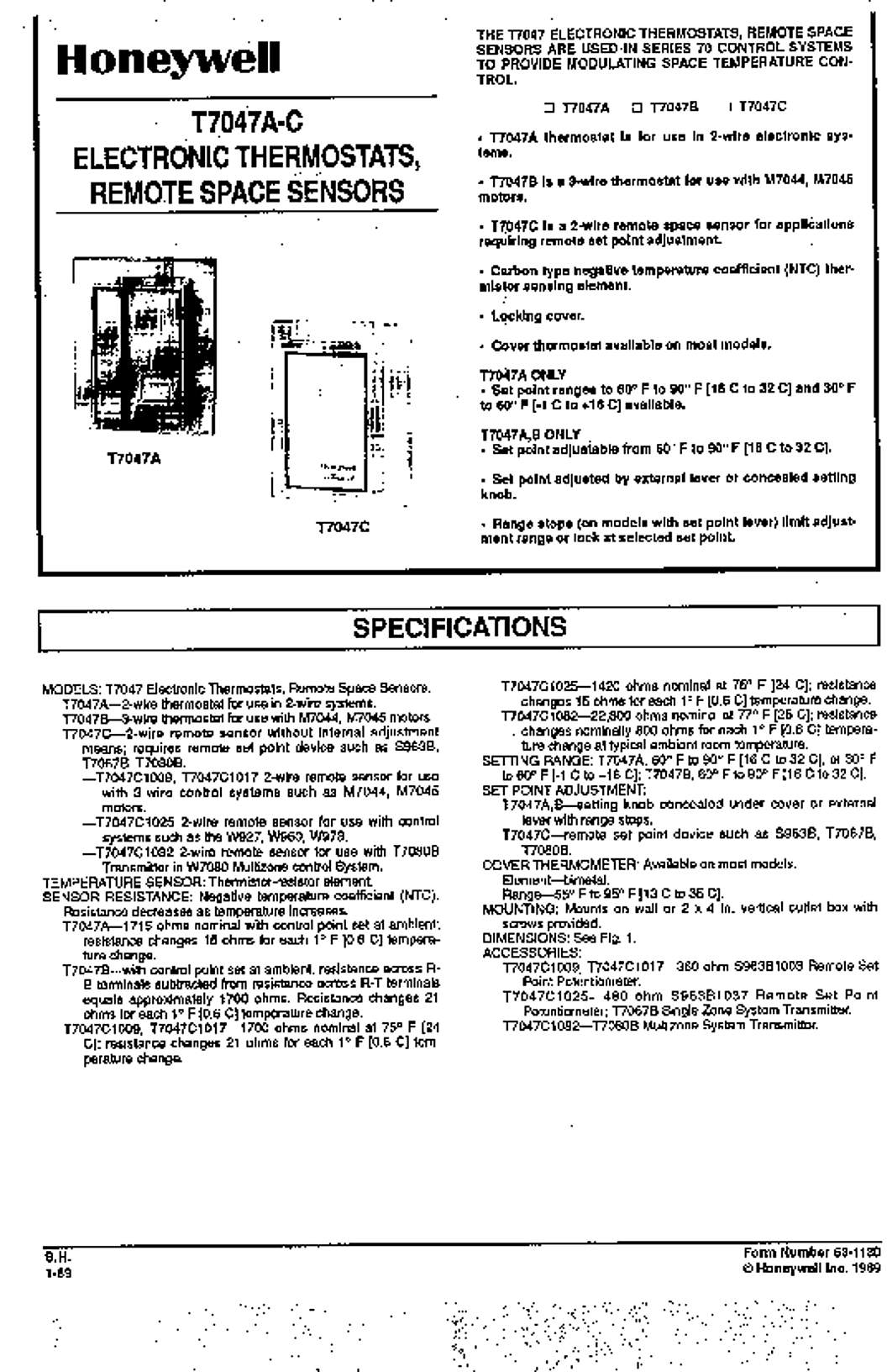 Honeywell Specification Data for T7047 Electronic Thermostats, Remote Space Sensors (English)