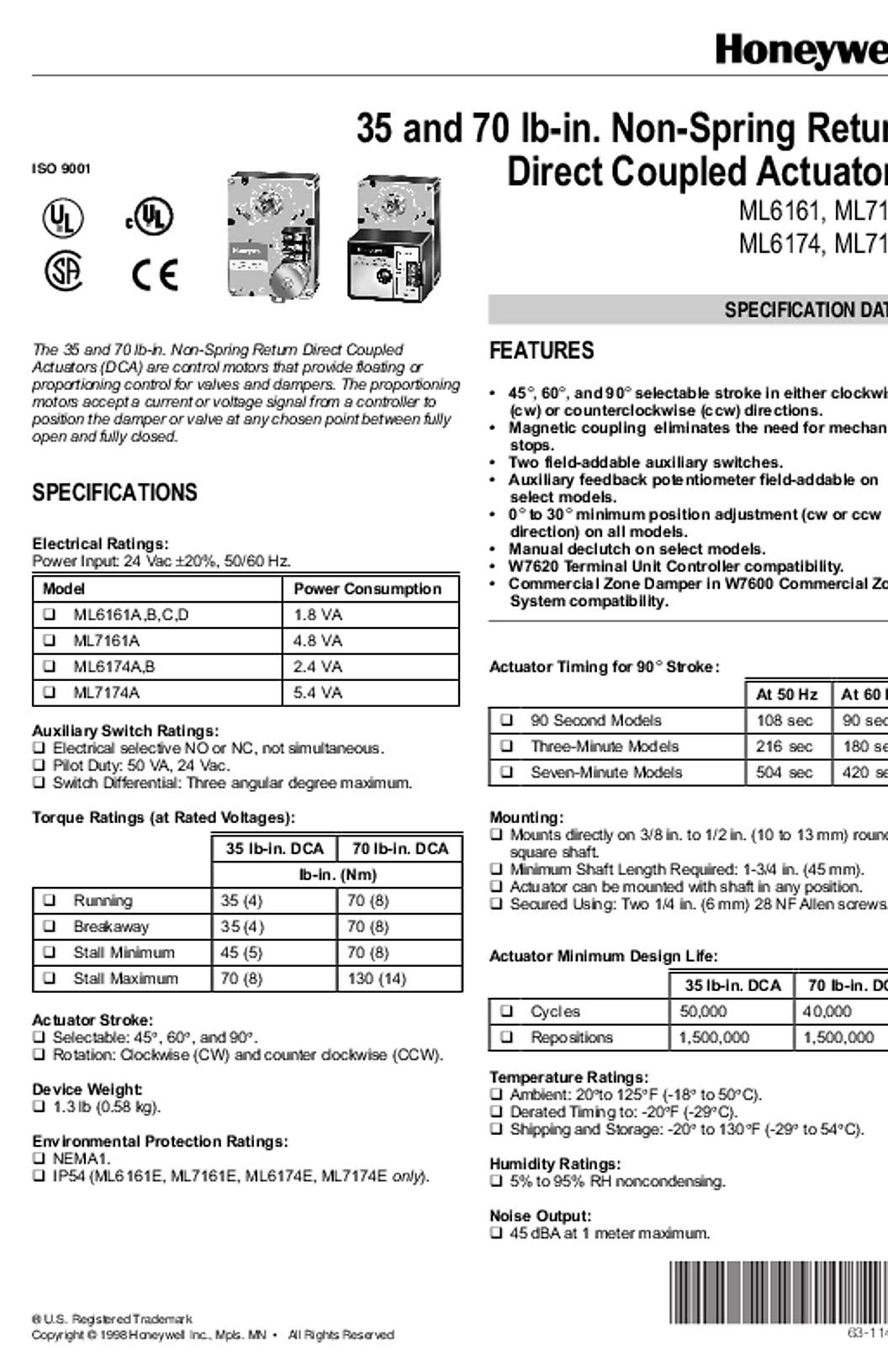 Honeywell 63-1146 - 35 and 70 lb-in Non-Spring Return Direct Coupled Actuators