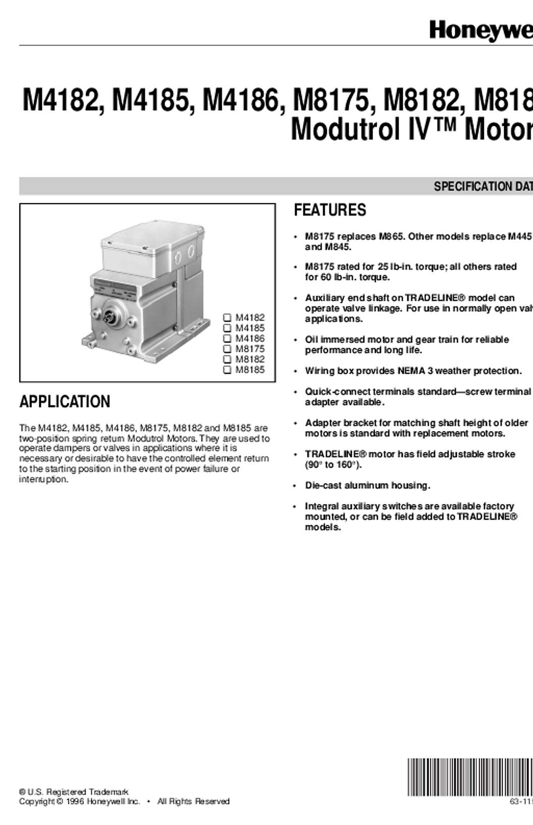 Honeywell 63-1158 - M4182, M4185, M4186, M8175, M8182, M8185 Modutrol 4 Motors