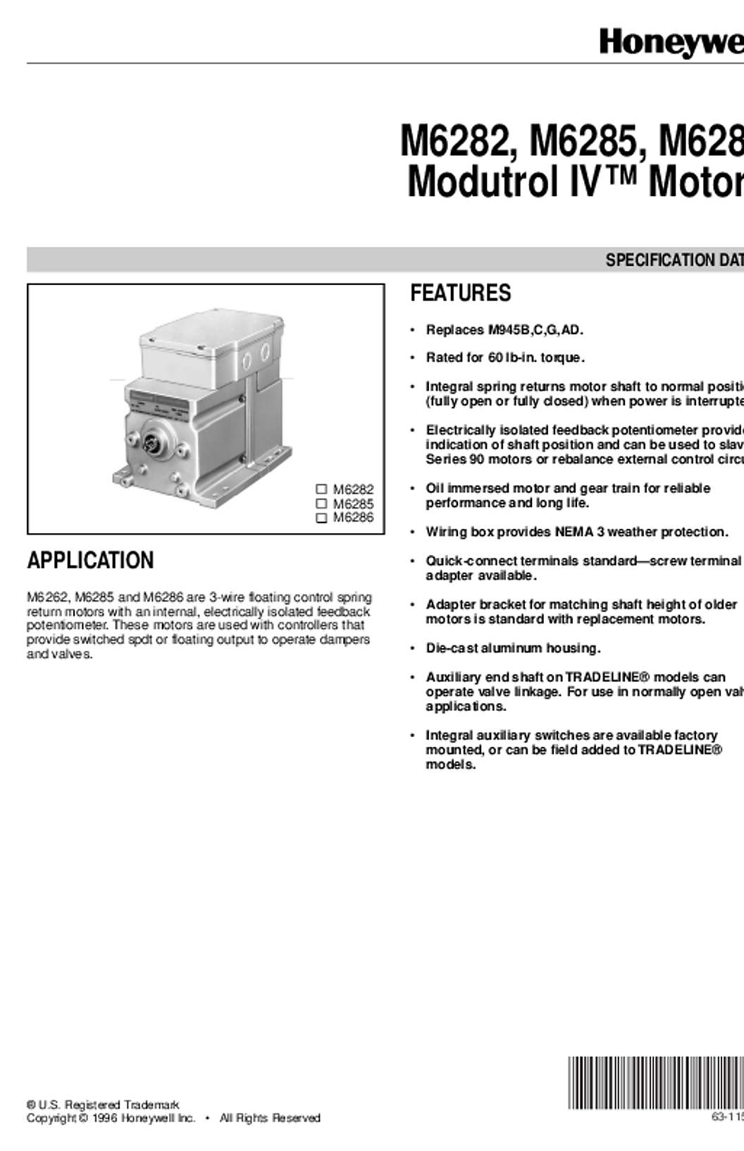 Honeywell 63-1159 - M6282, M6285, M6286 Modutrol 4 Motors