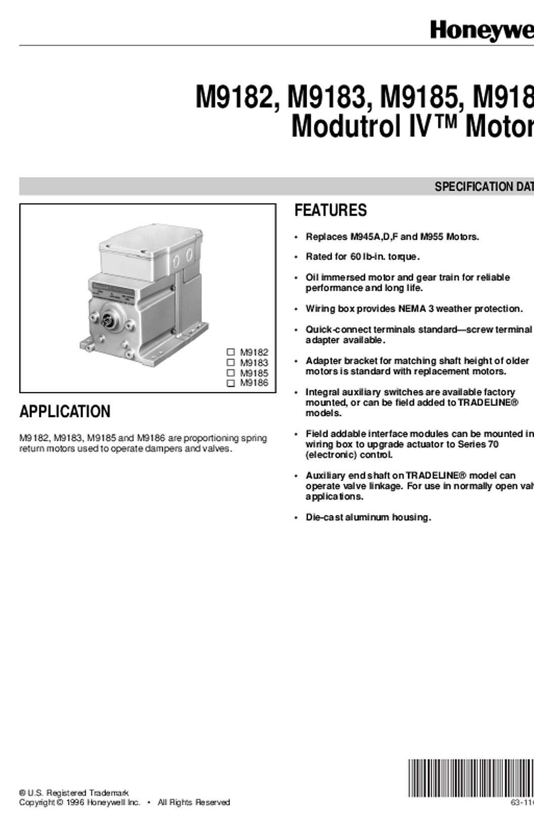 Honeywell 63-1160 - M9182, M9183, M9185, M9186 Modutrol IV Motors