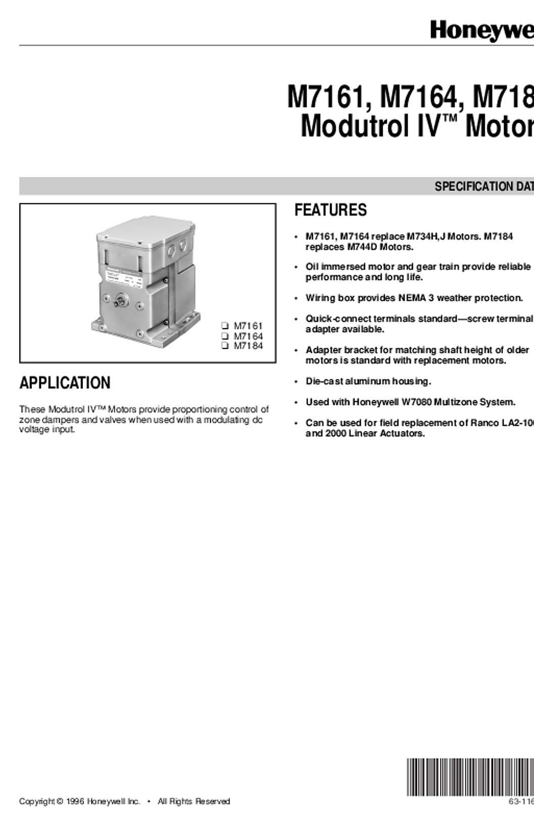 Honeywell 63-1163 - M7161, M7164, M7184 Modutrol 4 Motors