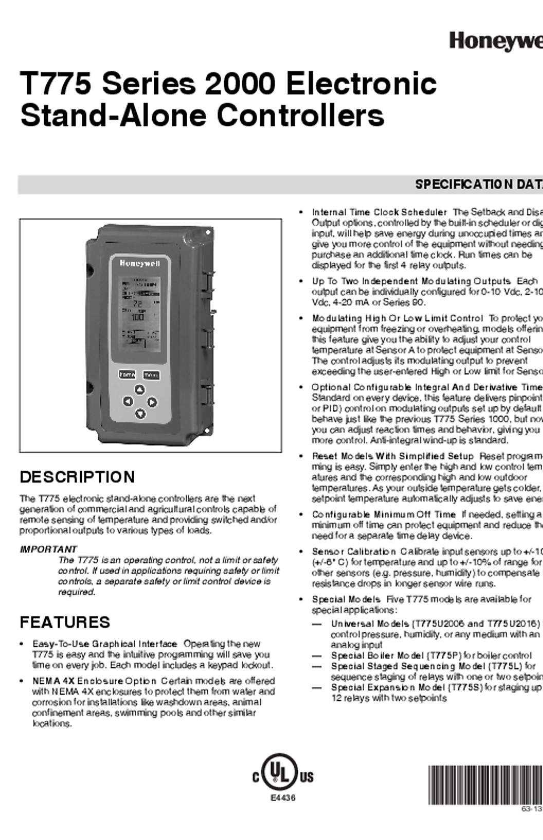 Honeywell 63-1318—04 - T775 Series 2000 Electronic Stand-Alone Controllers