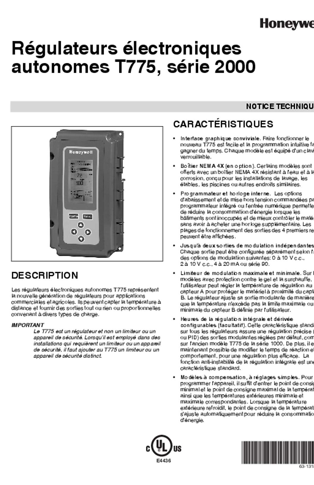 Honeywell 63-1318F—03 - Régulateurs électroniques autonomes T775, série 2000