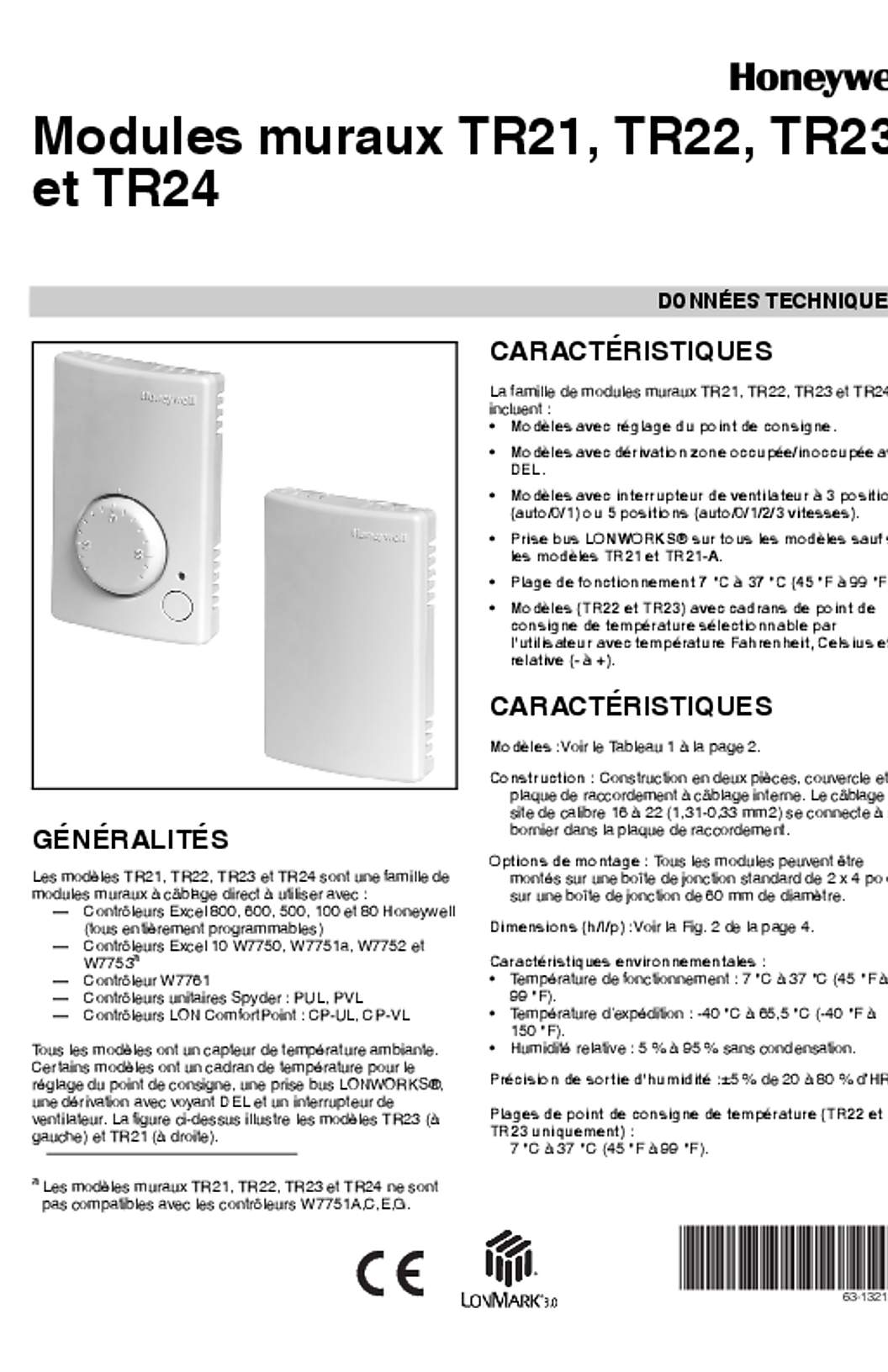 Honeywell 63-1321F—02 - TR21, TR22, TR23, and TR24 Wall Modules