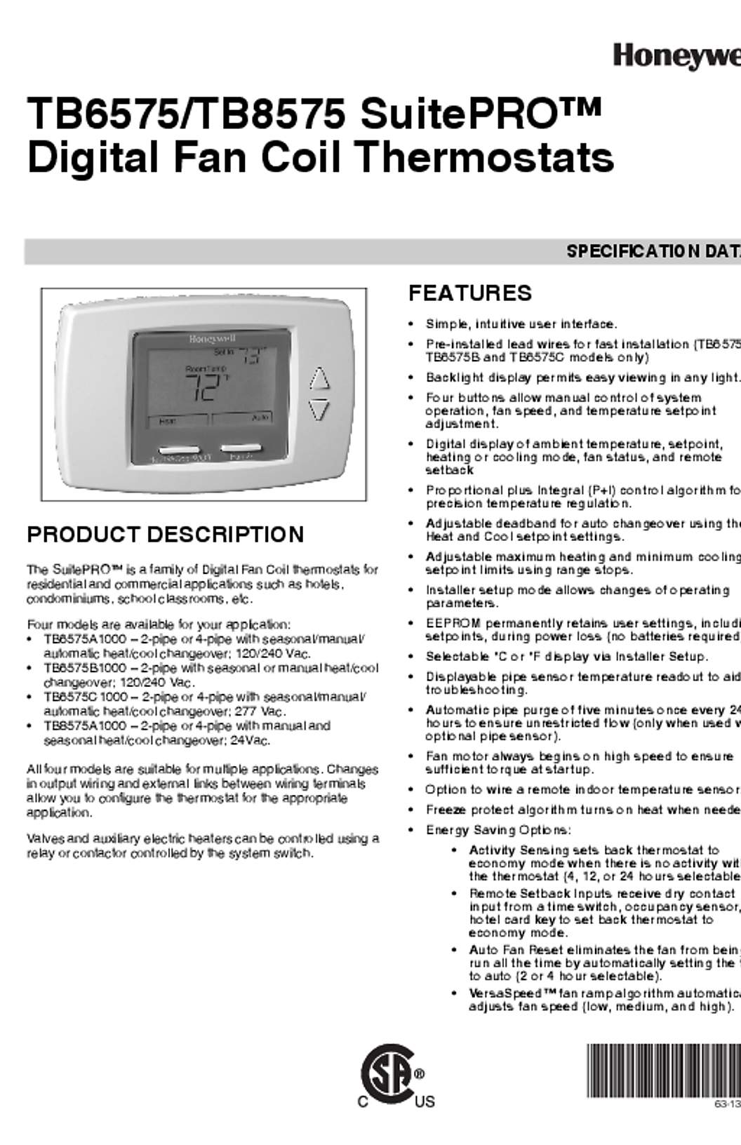 Honeywell 63-1323—03 - TB6575/TB8575 SuitePRO Digital Fan Coil Thermostats