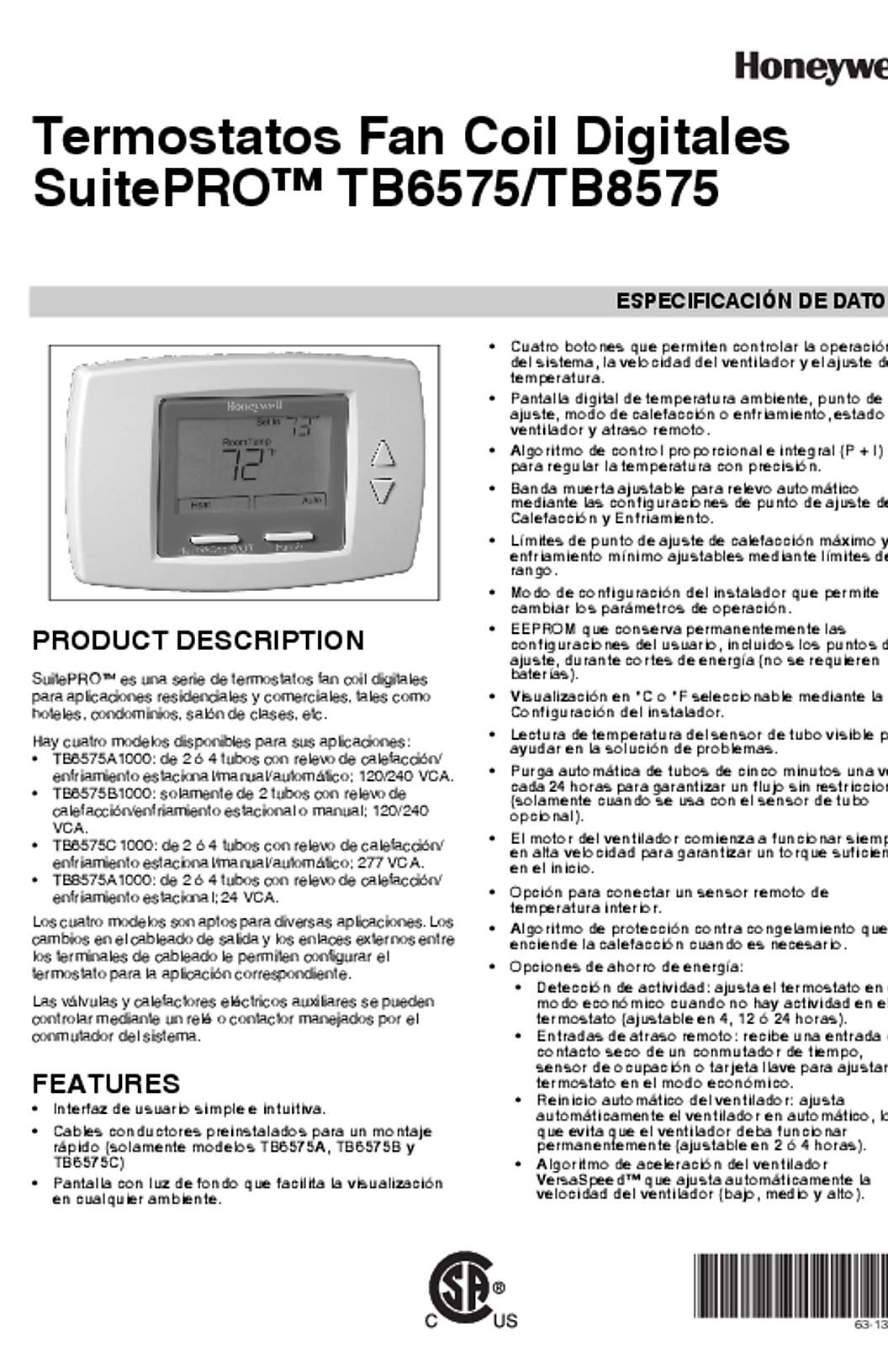 Honeywell 63-1323S—03 - Termostatos Fan Coil Digitales SuitePRO™