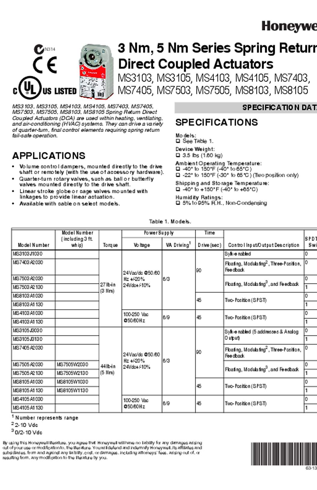 Honeywell 63-1336—05 - 3 Nm, 5 Nm Series Spring Return Direct Coupled Actuators