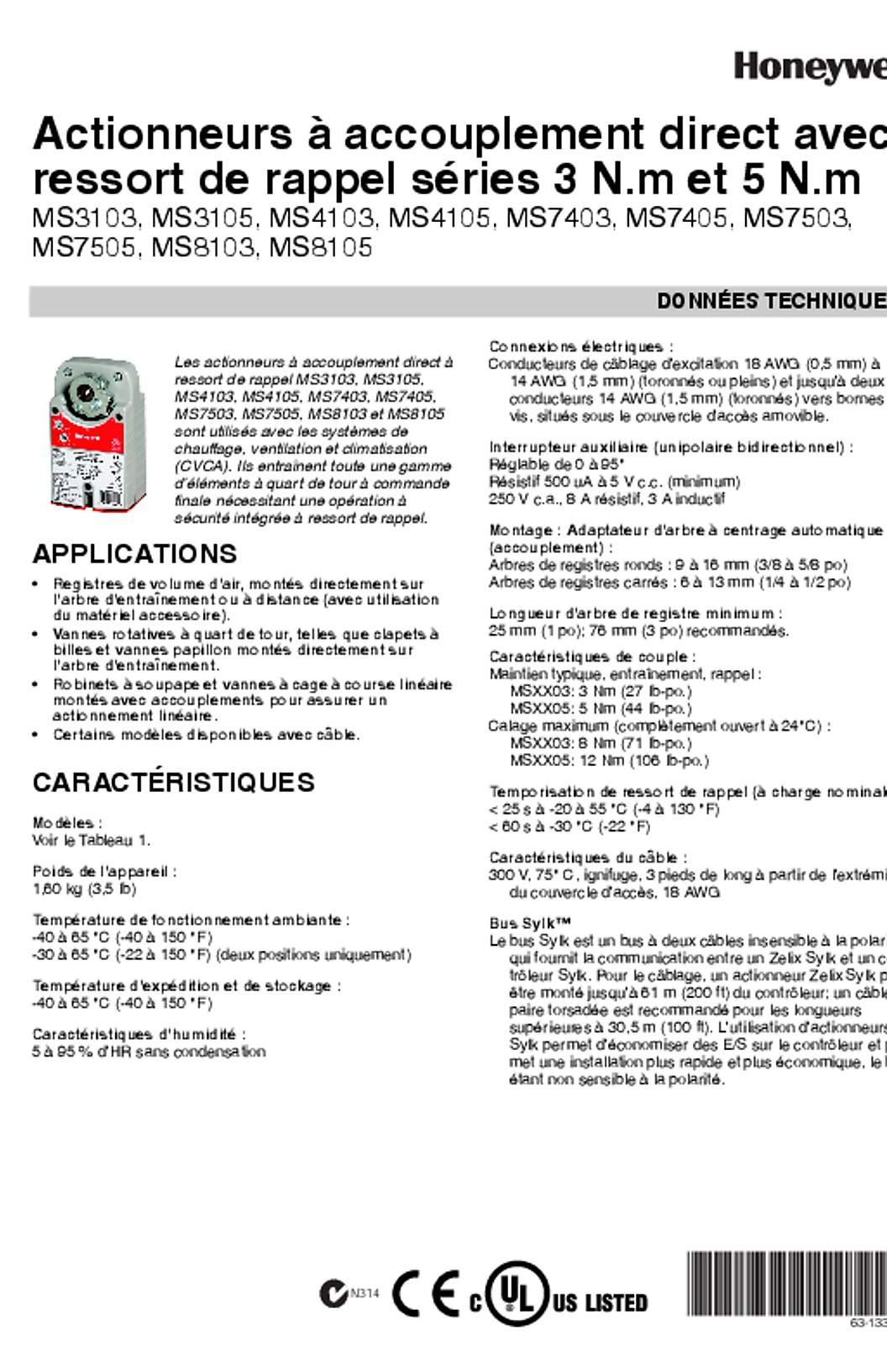 Honeywell 63-1336F—02 - Actionneurs à accouplement direct avec ressort de rappel séries 3 N.m et 5 N.m