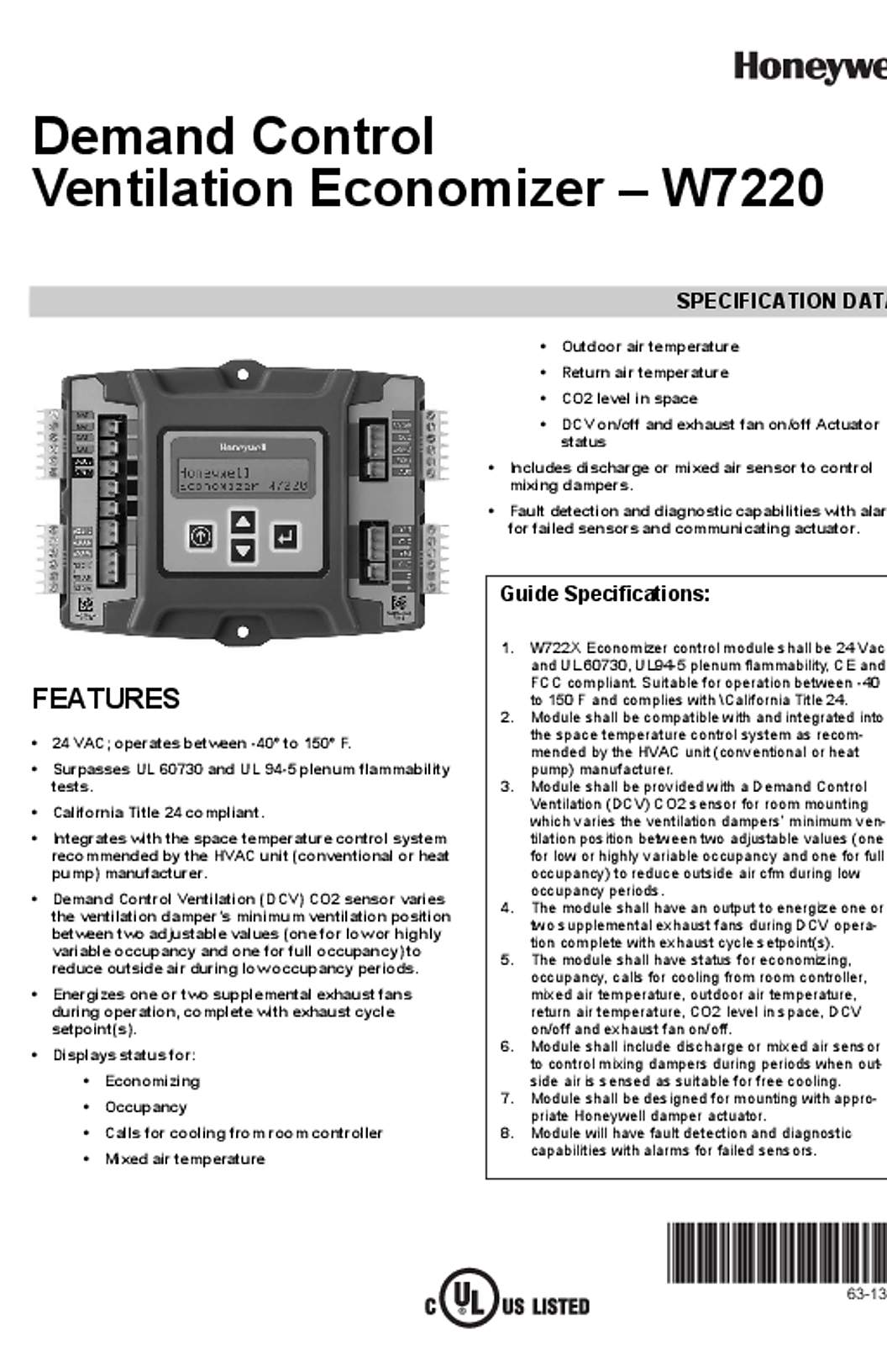 Honeywell 63-1363EF—01 - Demand Control Ventilation Economizer – W7220