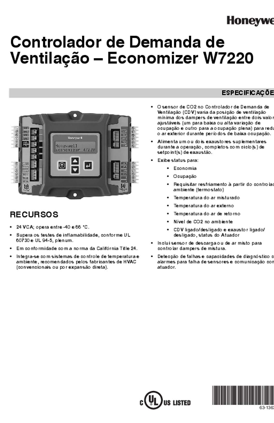 Honeywell 63-1363P—01 - Controlador de Demanda de Ventilação – Economizer W7220