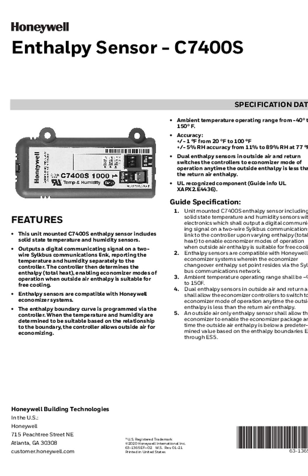 Honeywell Enthalpy Sensor - C7400S Specification Data - 63-1365EF