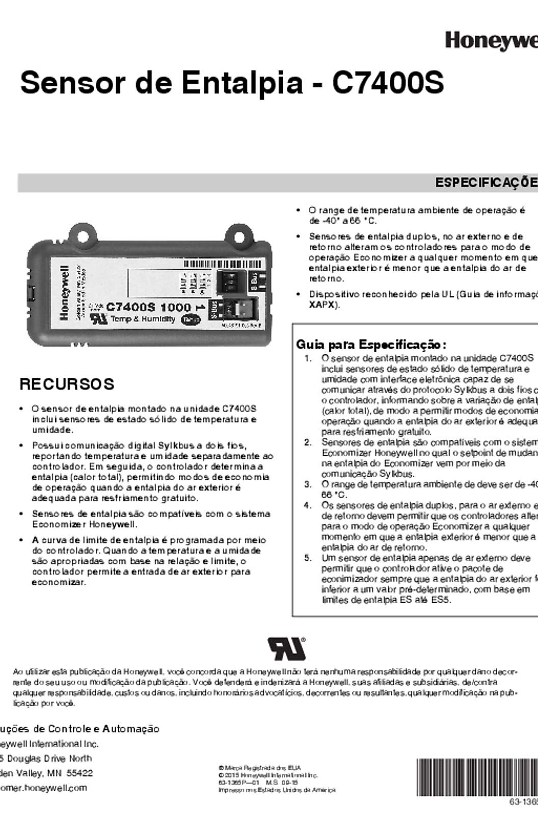 Honeywell Sensor de Entalpia - C7400S ESPECIFICA��ES - 63-1365P